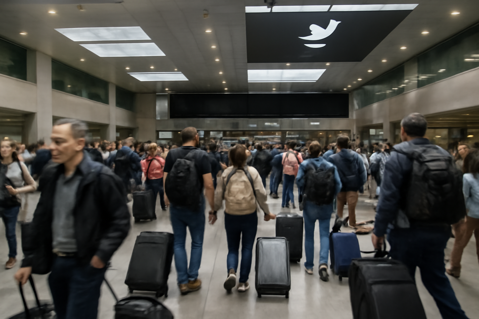 Airport arrivals hall with travelers pulling luggage past an immigration checkpoint sign