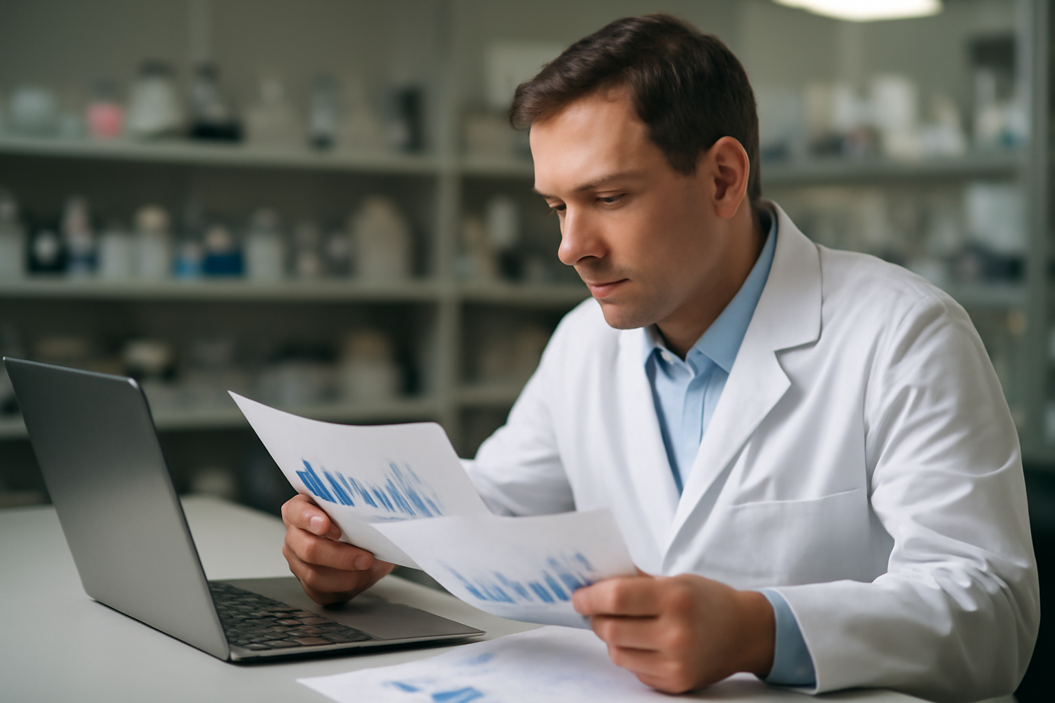 Pharmaceutical researcher reviewing clinical data in a laboratory setting
