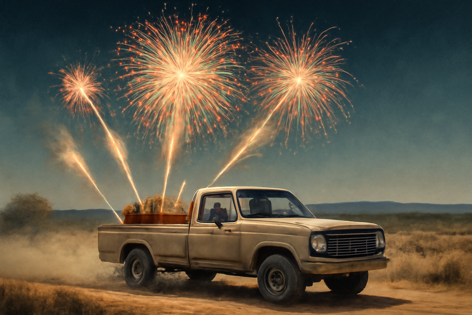 Fireworks being launched from a moving truck