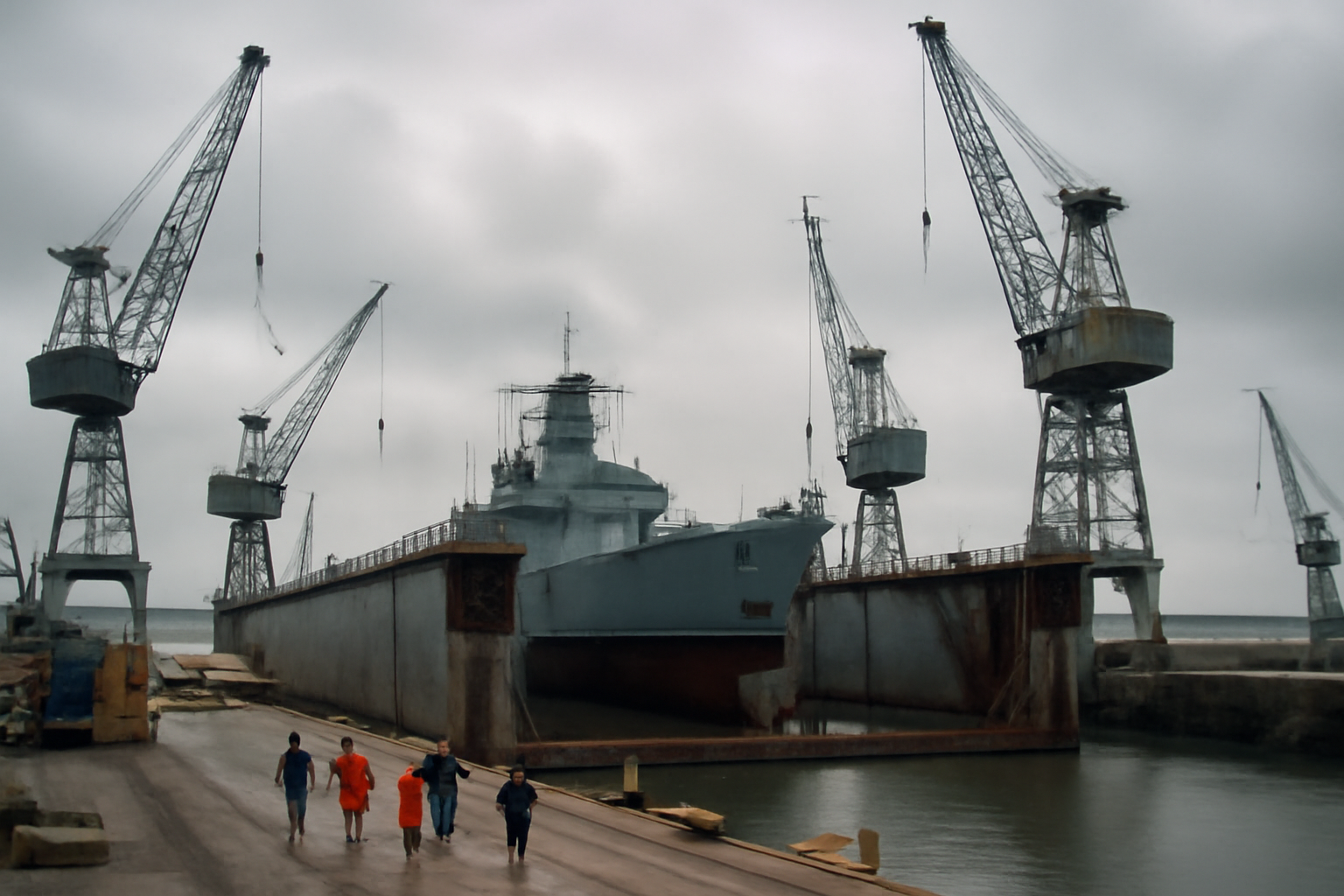 Shipyard workers on a dry dock crane near a Royal Navy submarine base