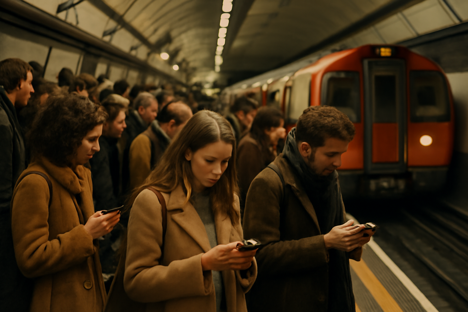 Commuters standing on a London Underground platform with phones in hand