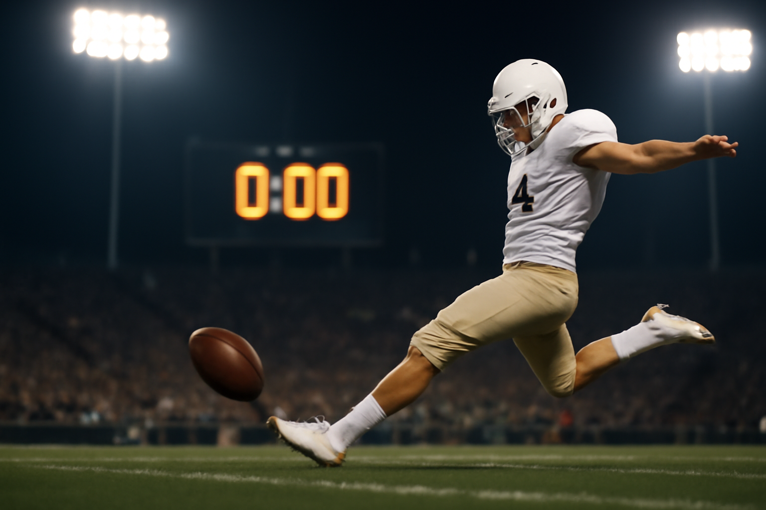 A football kicker follows through on a field goal attempt under stadium lights as the clock reads zero
