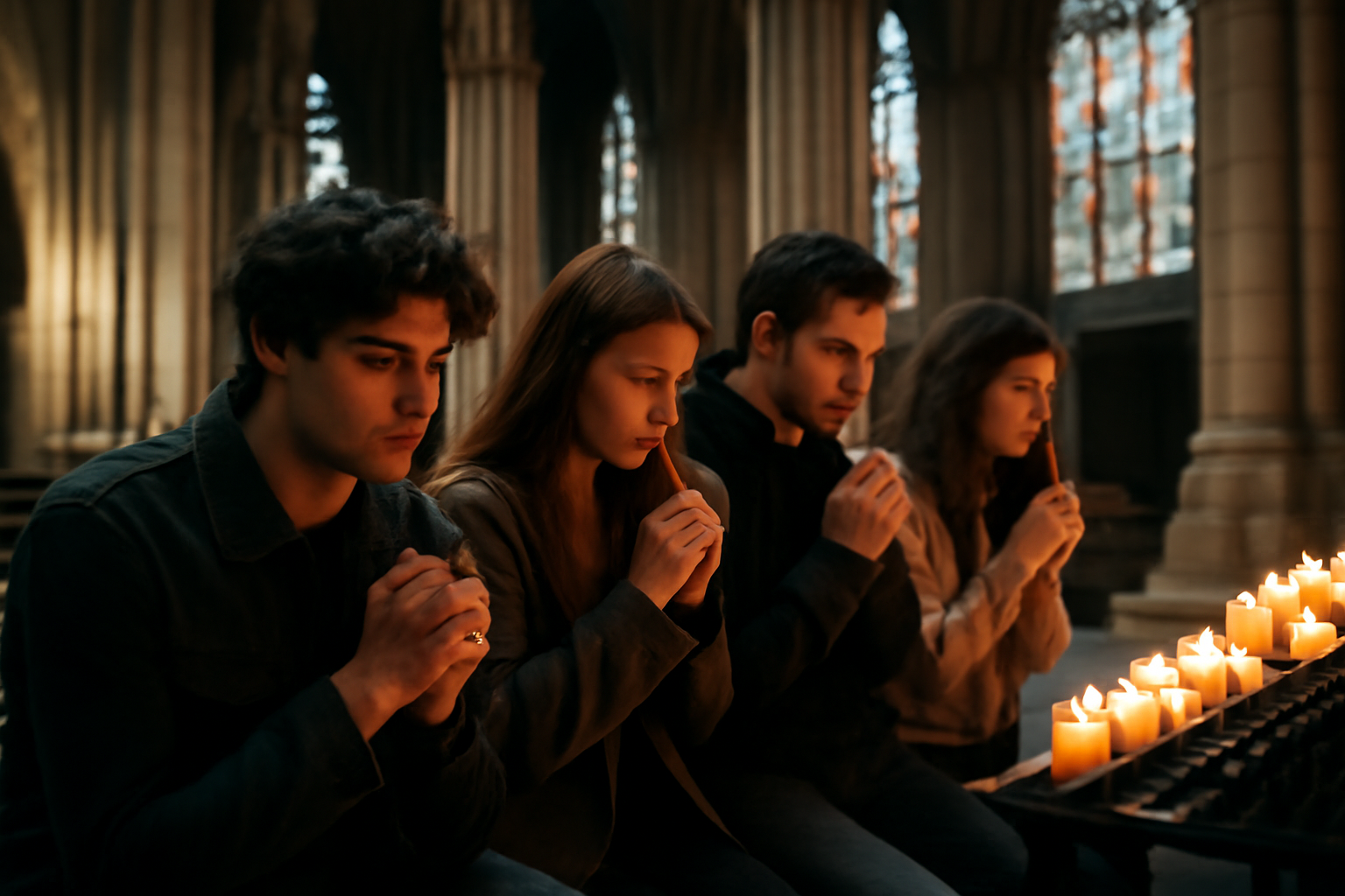 Young adults kneeling in prayer inside a candlelit Catholic cathedral nave