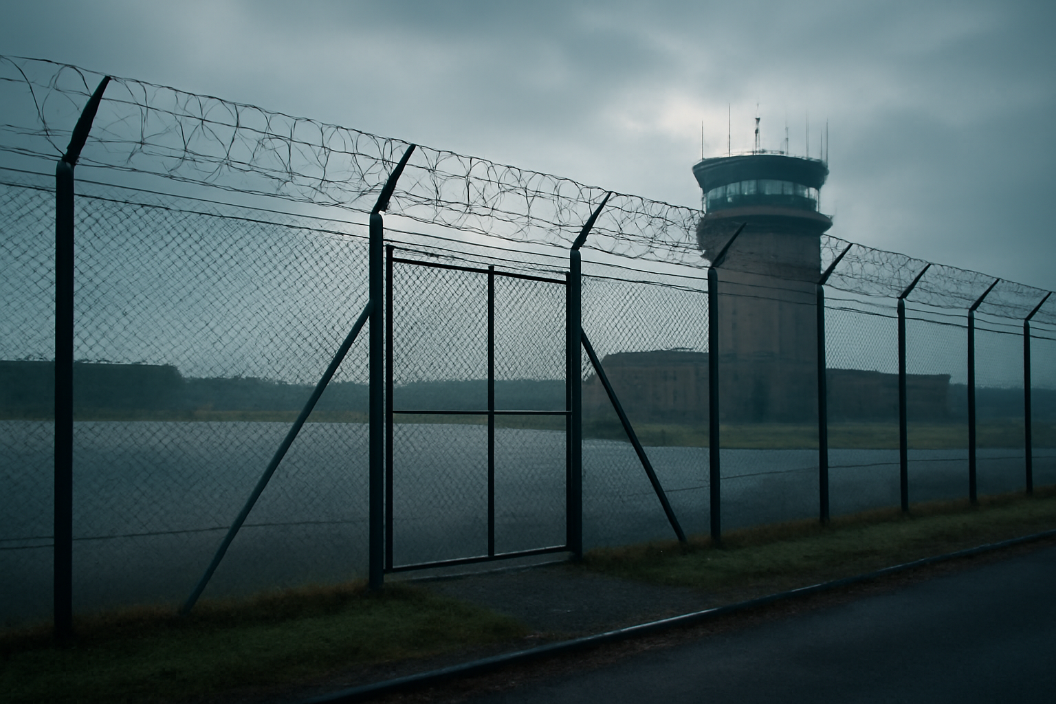 Exterior view of a UK Royal Air Force base perimeter fence under an overcast morning sky