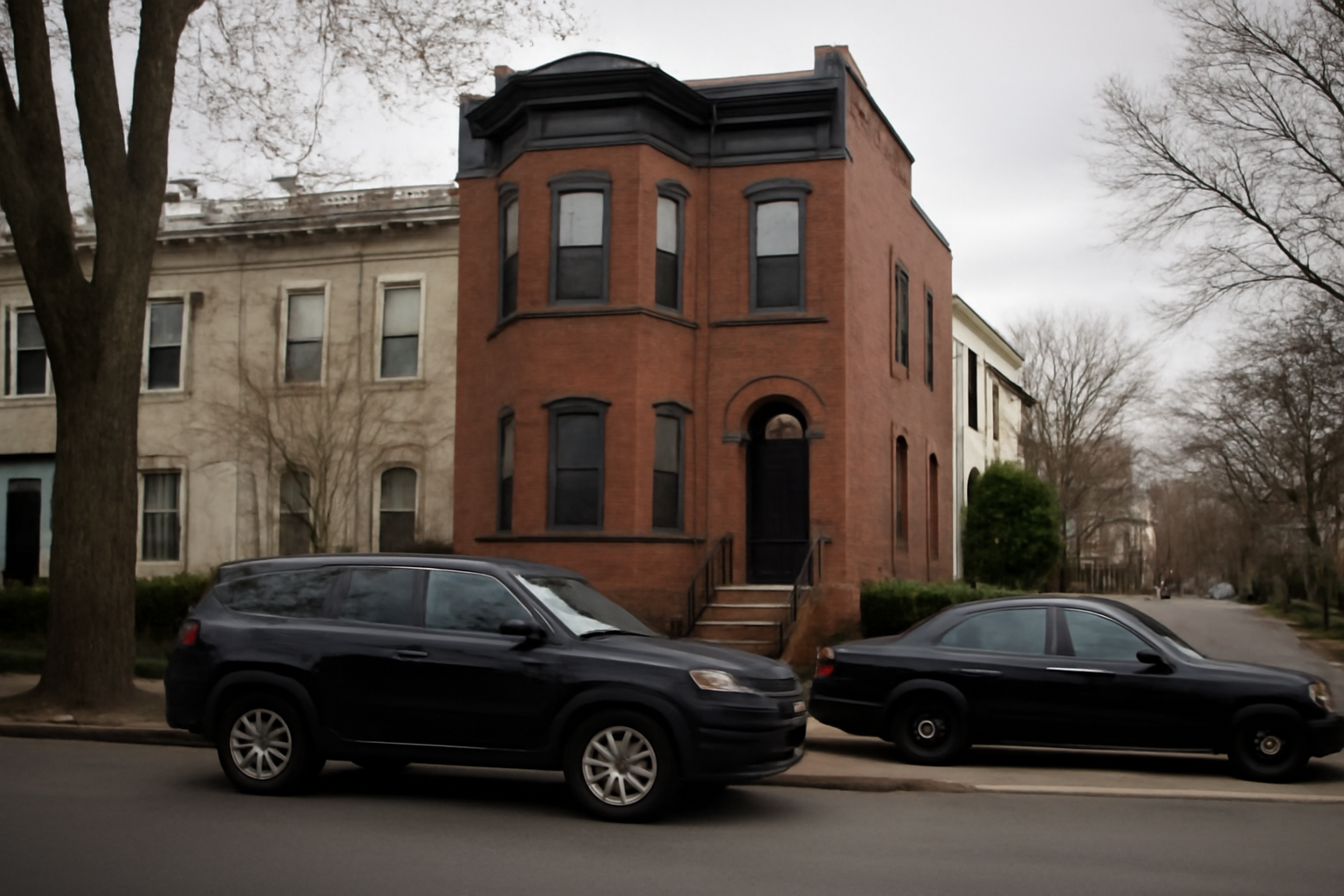 Exterior of a Washington, D.C. row house with federal law enforcement vehicles parked outside on a weekday morning