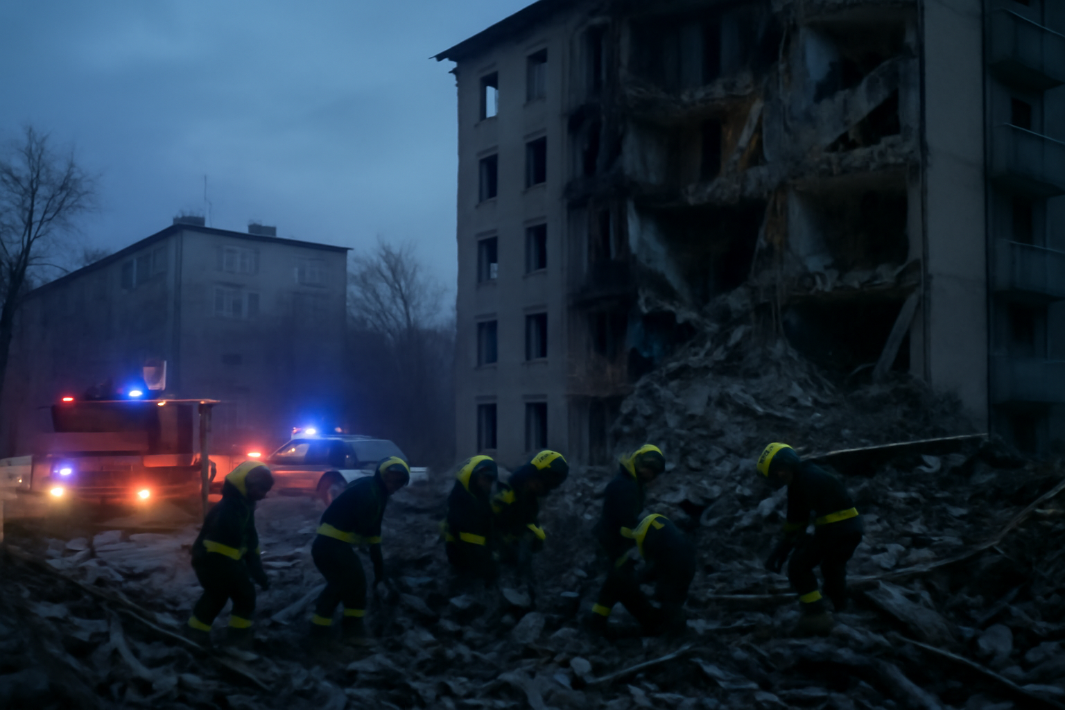 Rescuers working at the site of a damaged apartment building after a strike in Zaporizhzhia, Ukraine