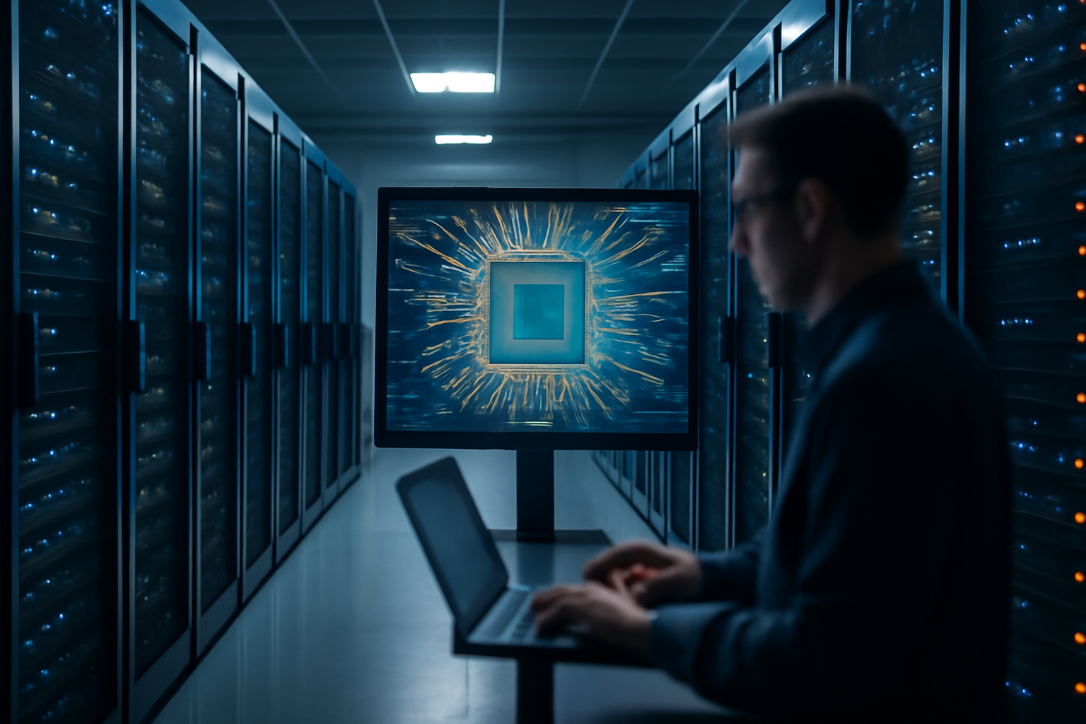 Rows of server racks in a data center with circuit board patterns overlaid, representing cloud chip design