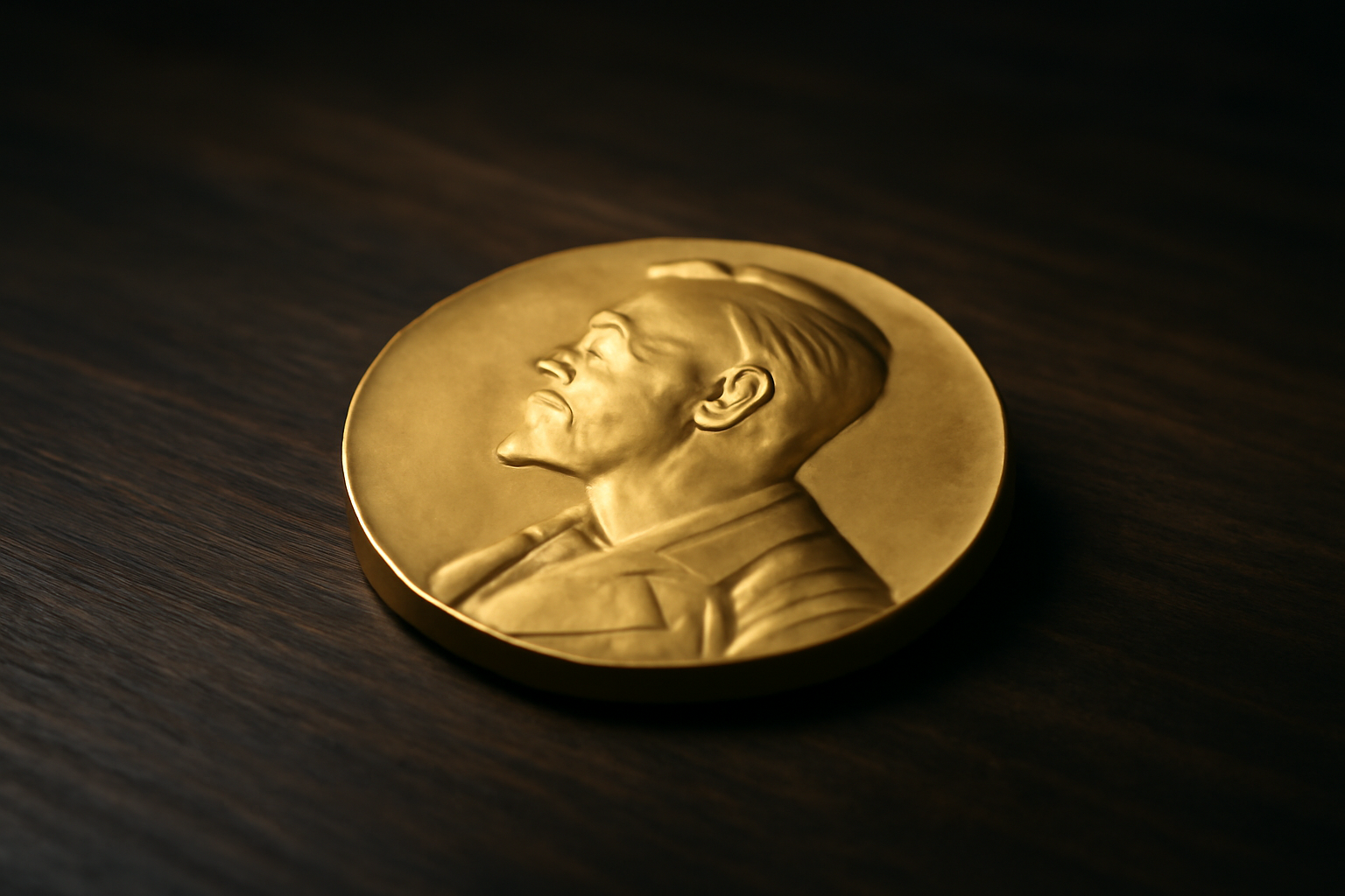 Gold Nobel Peace Prize medal resting on a dark wood surface under soft lighting