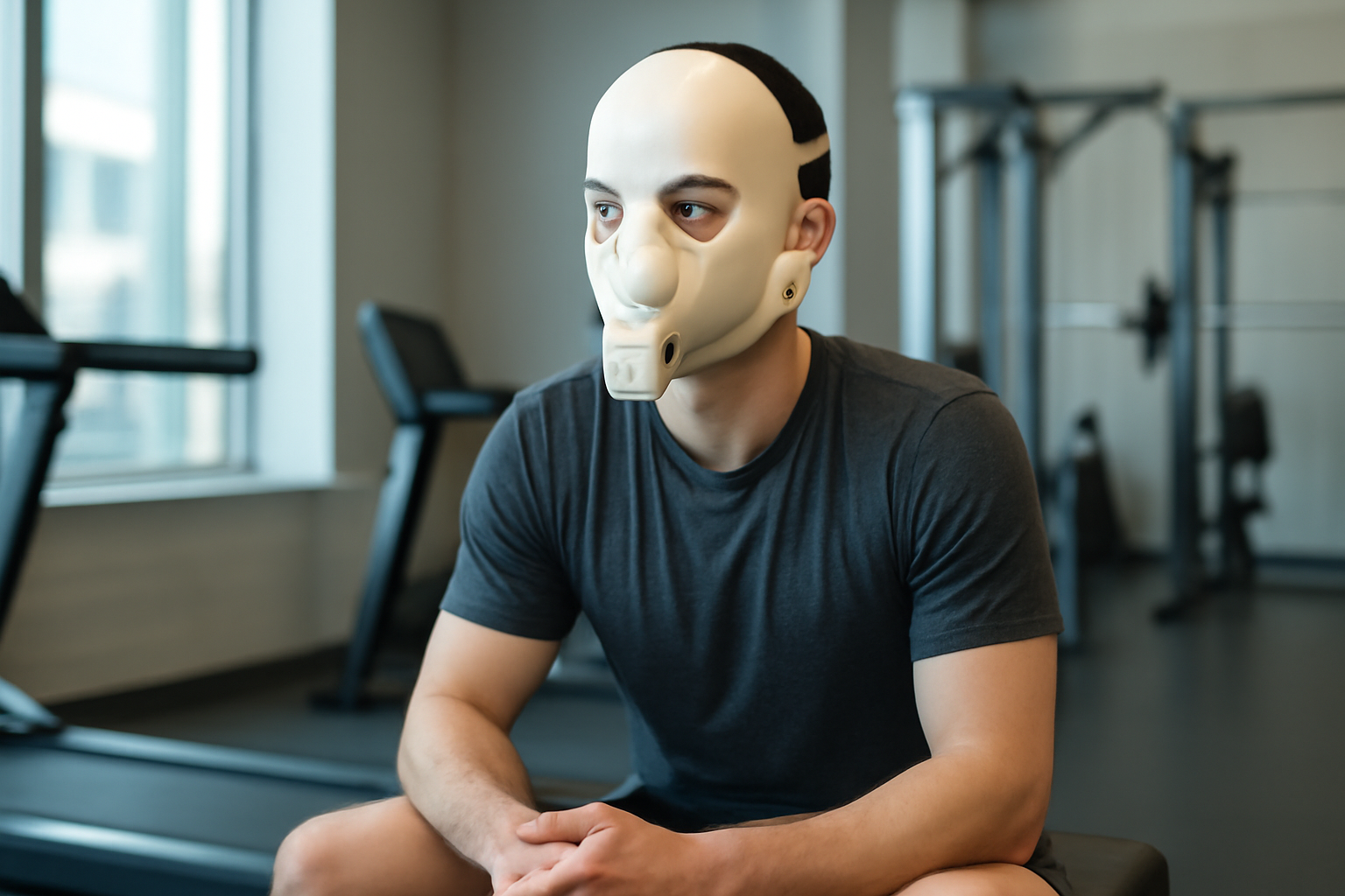 A person wearing a full-face breath analysis mask connected to a small handheld device while seated indoors