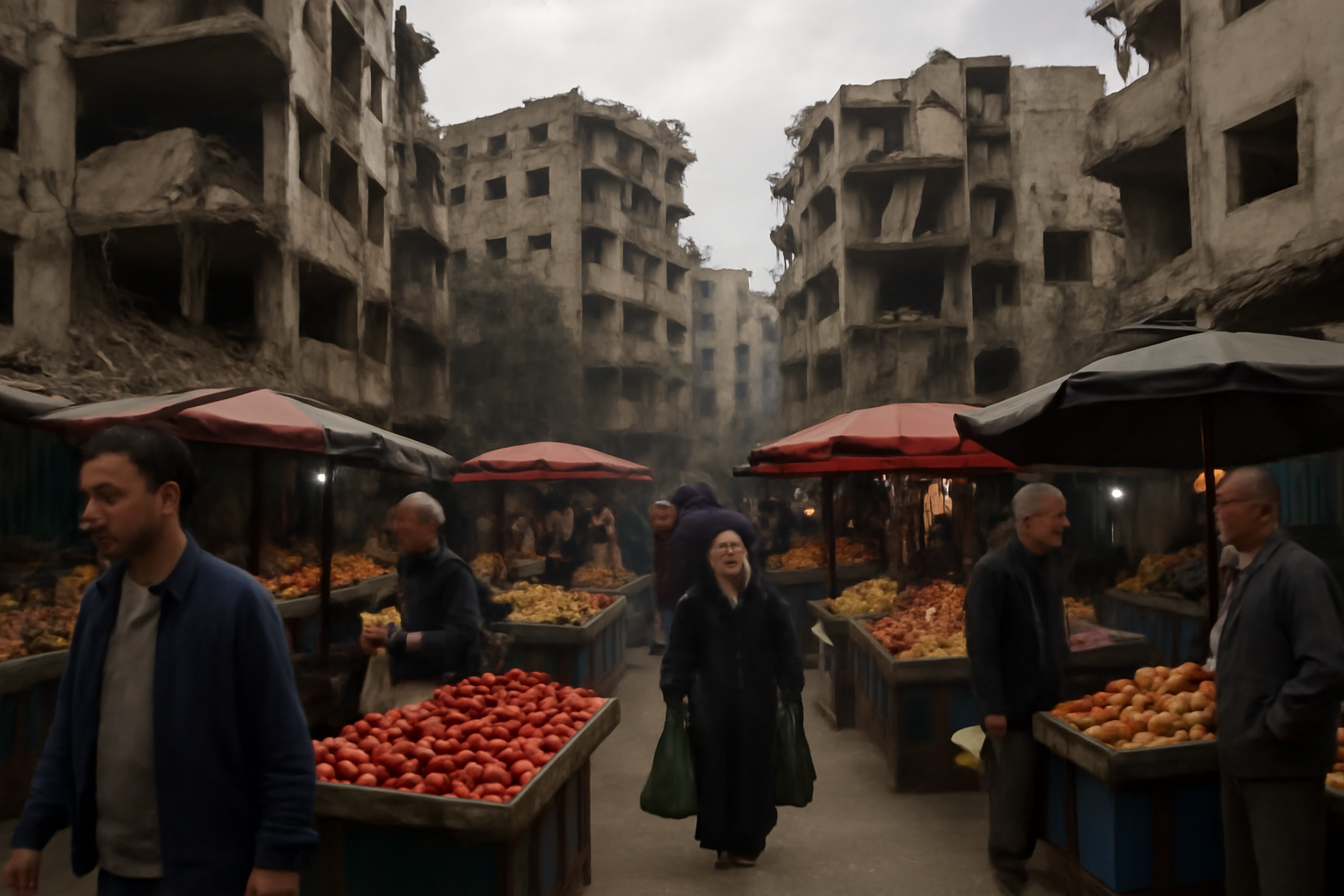 A Gaza City street market with damaged buildings in the background under daylight