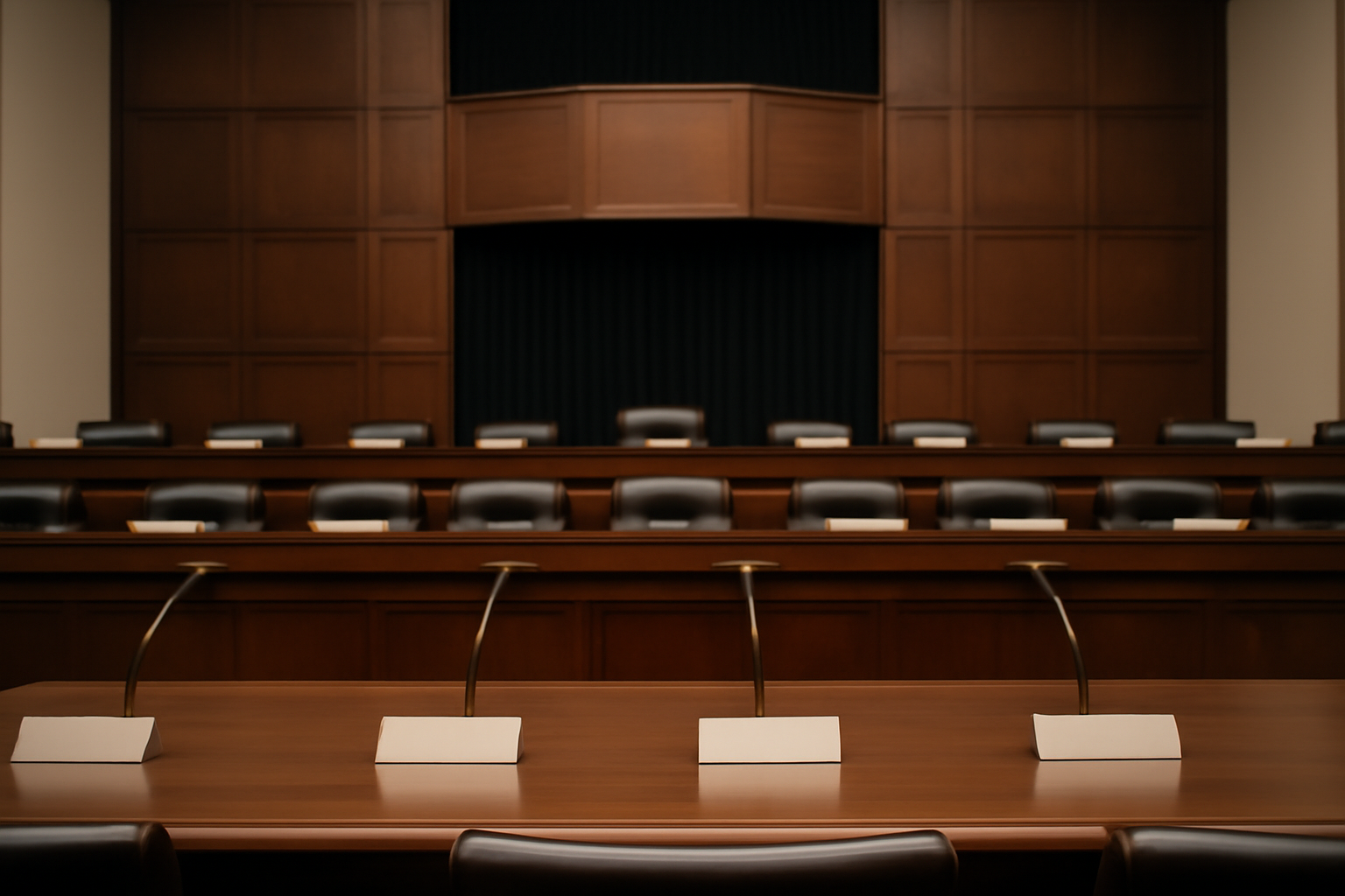 Empty congressional hearing room with microphones set up before an AI policy hearing
