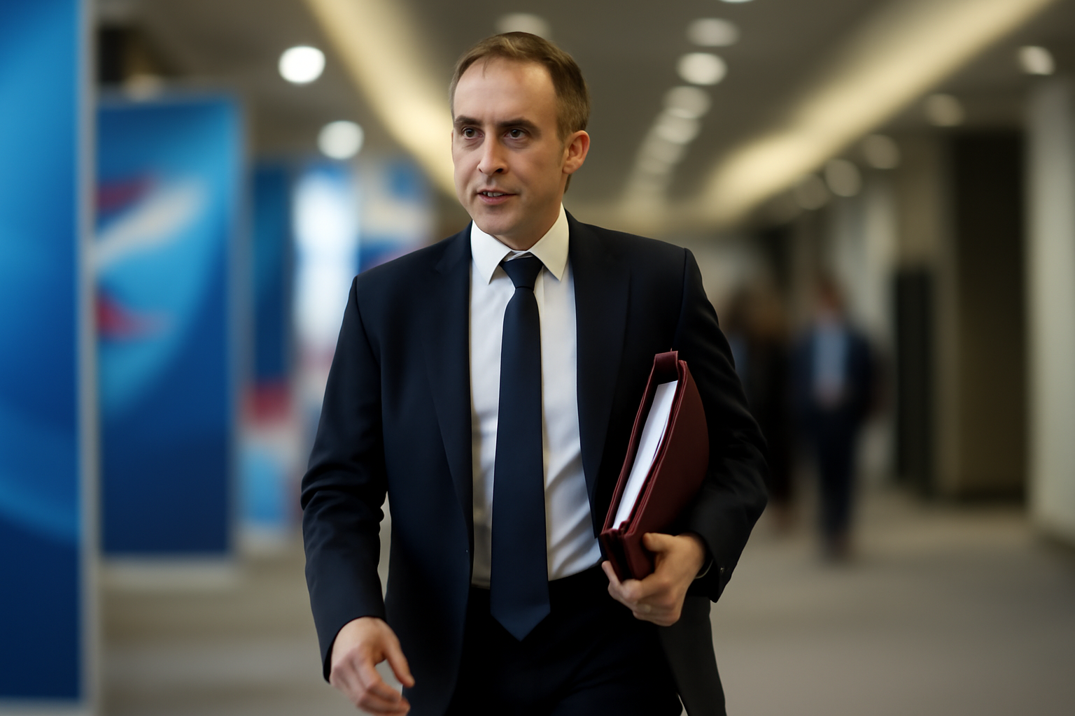 A politician in a dark suit walks through a conference hallway carrying briefing papers