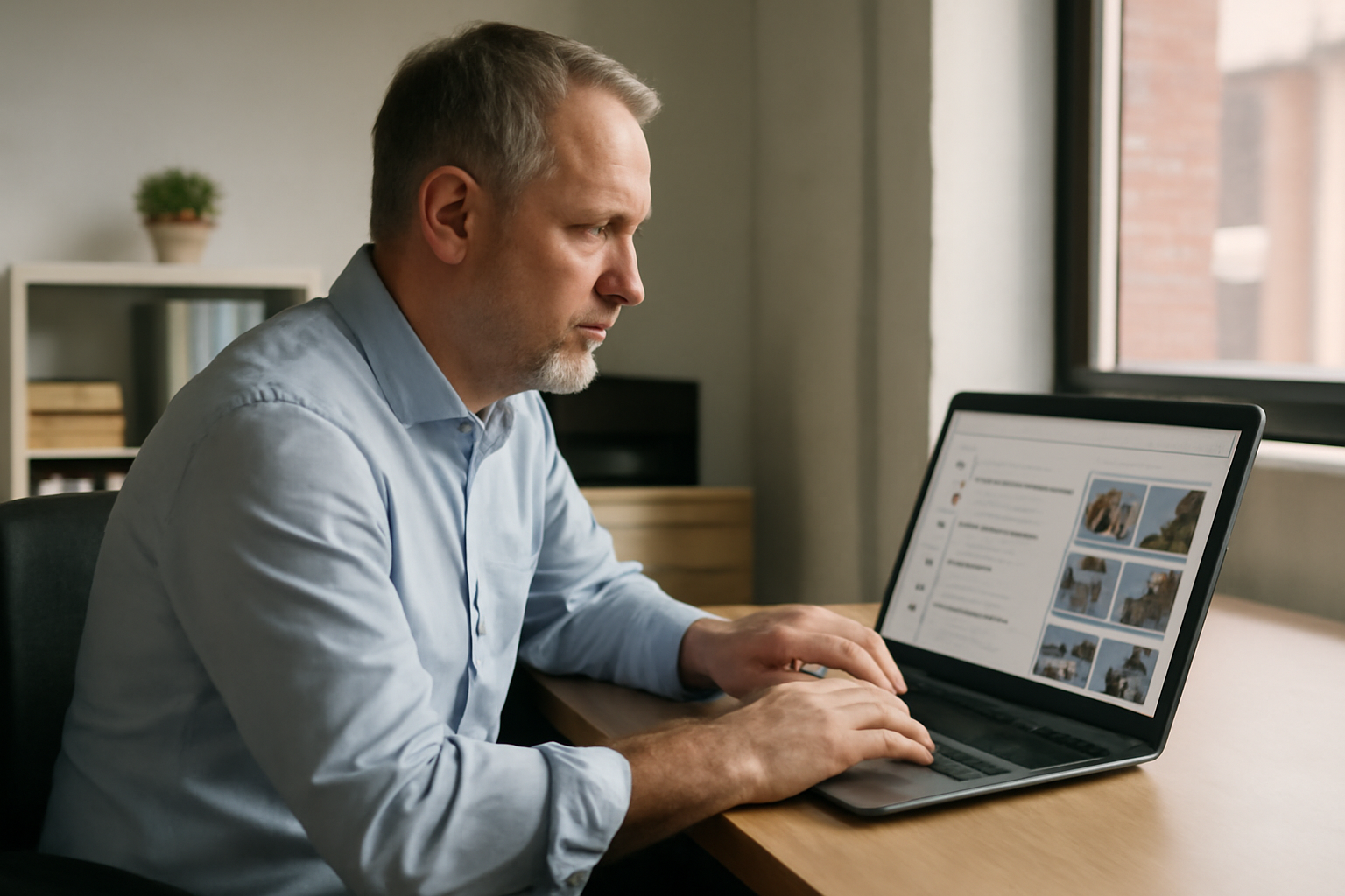 A man in a suit sits at a laptop in a small office, reviewing a job-search website on screen