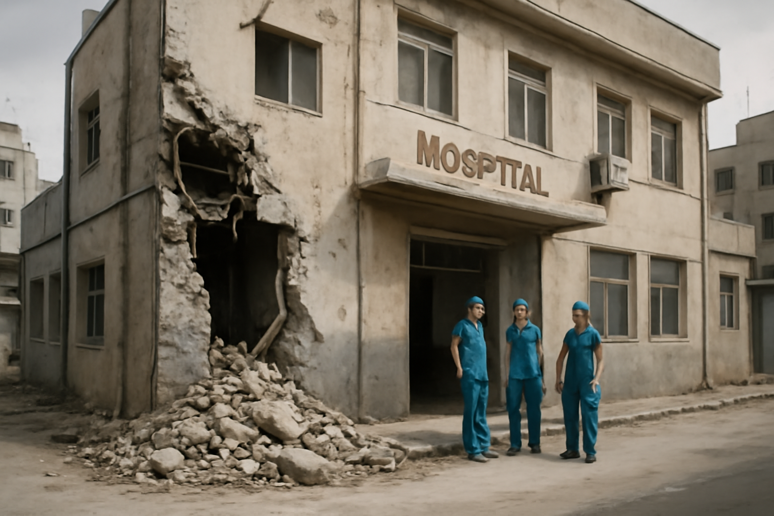 Exterior of a Gaza hospital building damaged amid conflict, with medical staff nearby