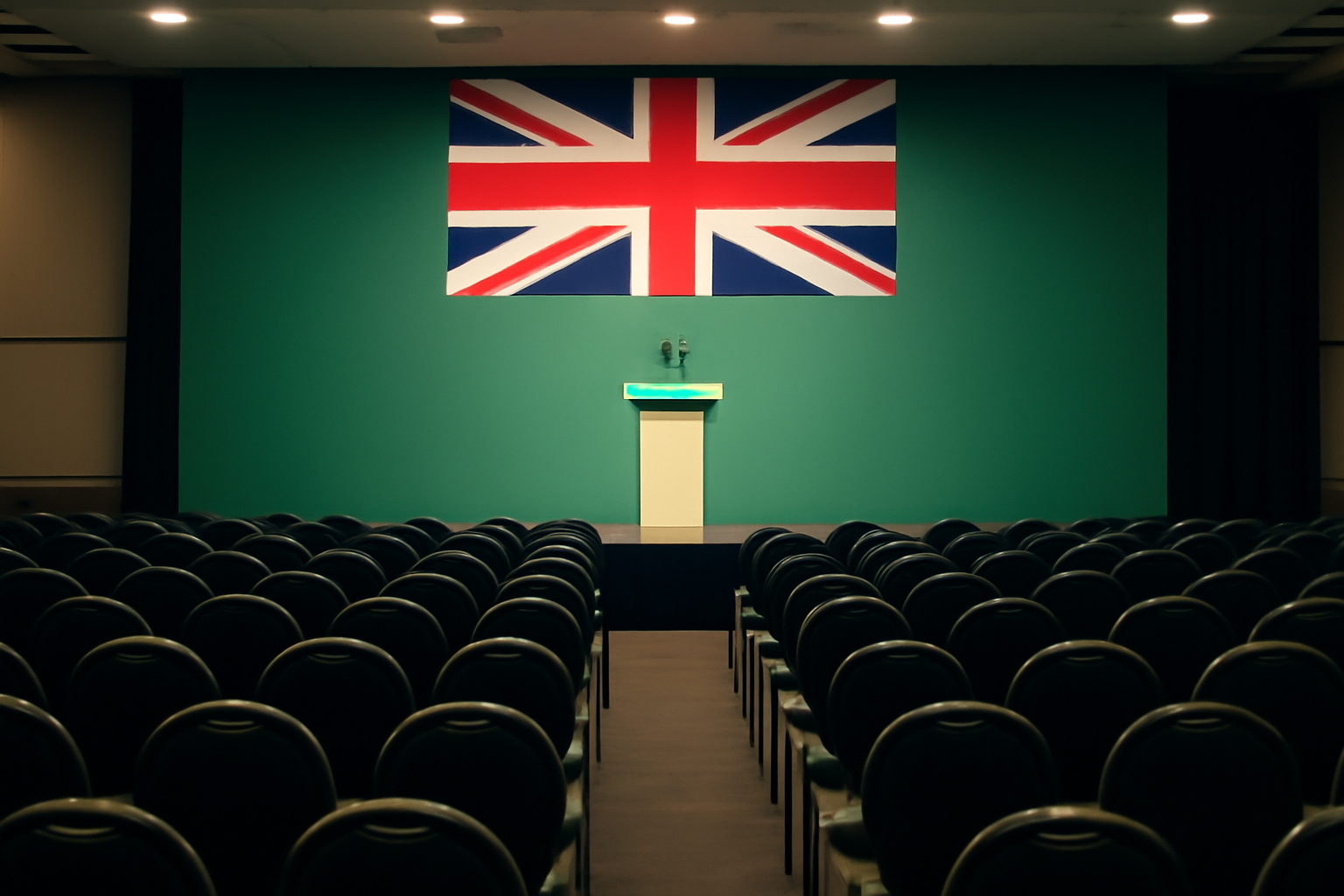 Green Party conference hall with a UK flag and party logo banner in the background