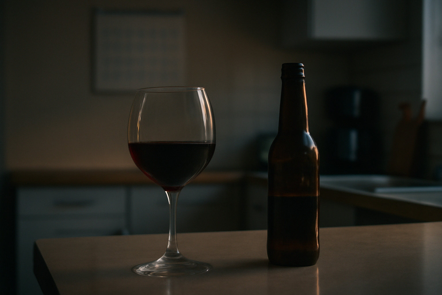 A half-empty wine glass and beer bottle on a kitchen counter with a calendar in the background