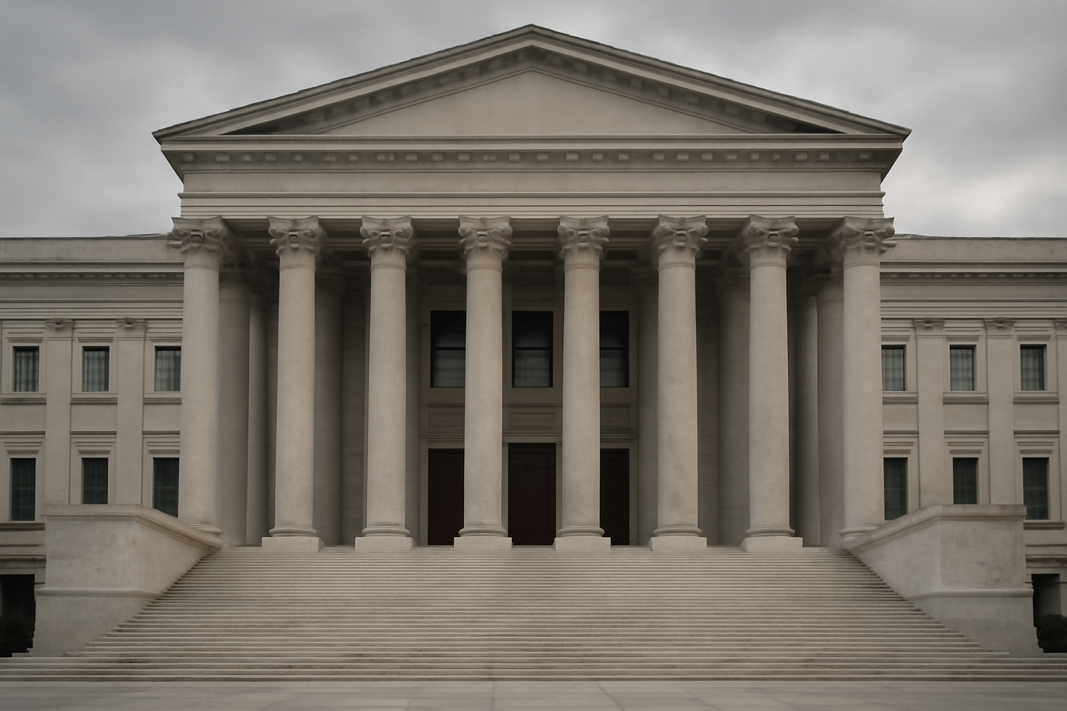 Exterior view of a marble government building in Washington DC under a clear sky