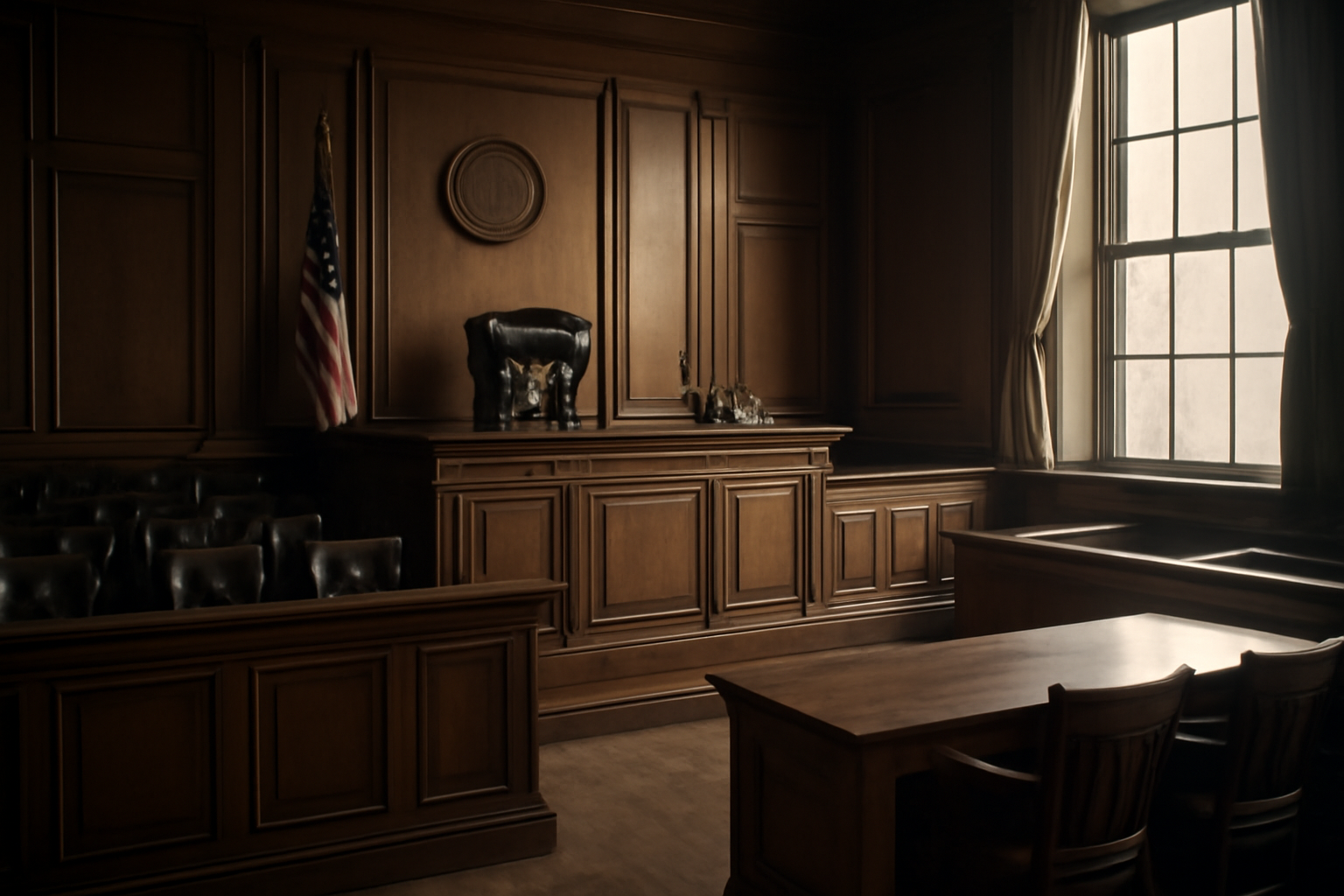 Empty Manhattan courtroom gallery with a judge's bench and American flag in soft afternoon light