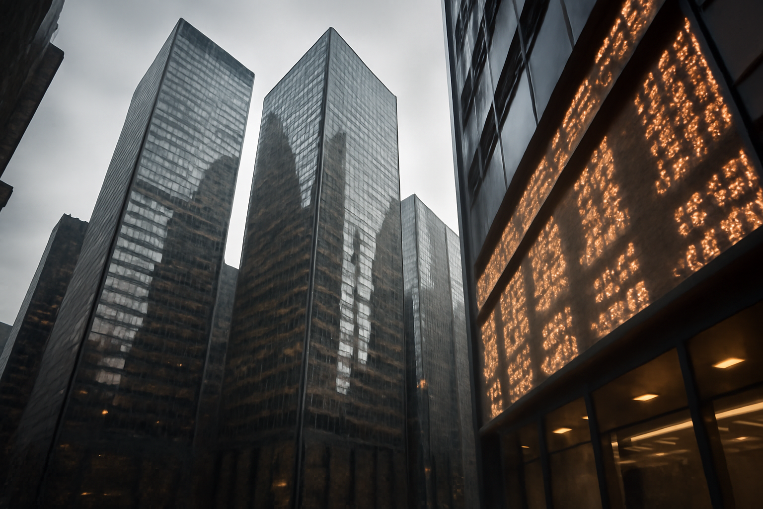 Bank headquarters towers in a financial district under a cloudy sky with stock ticker displays