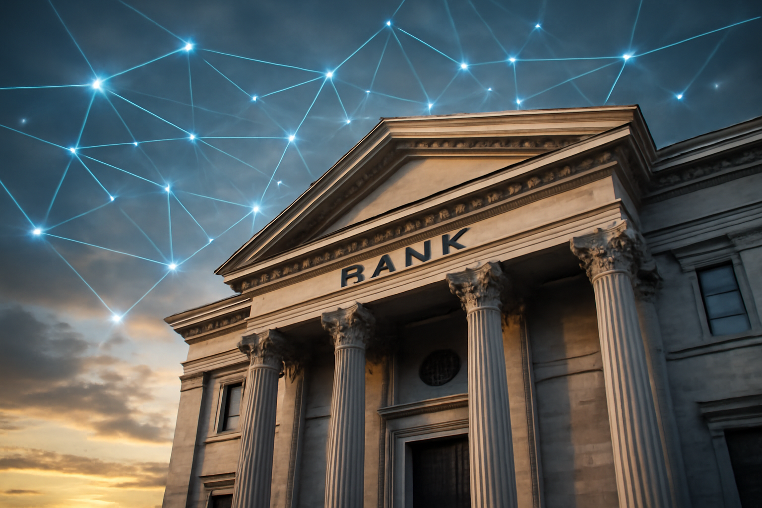 A central bank building facade with a digital payment network overlay of connected nodes