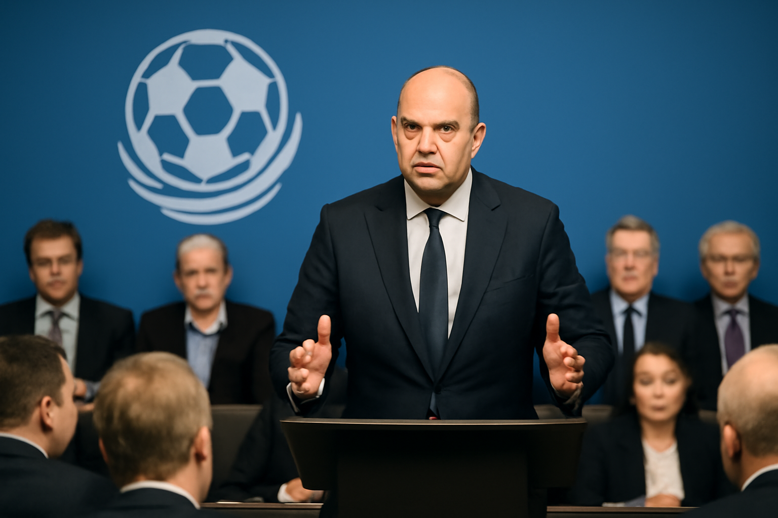 Fifa president Gianni Infantino speaking at a podium with Fifa branding behind him