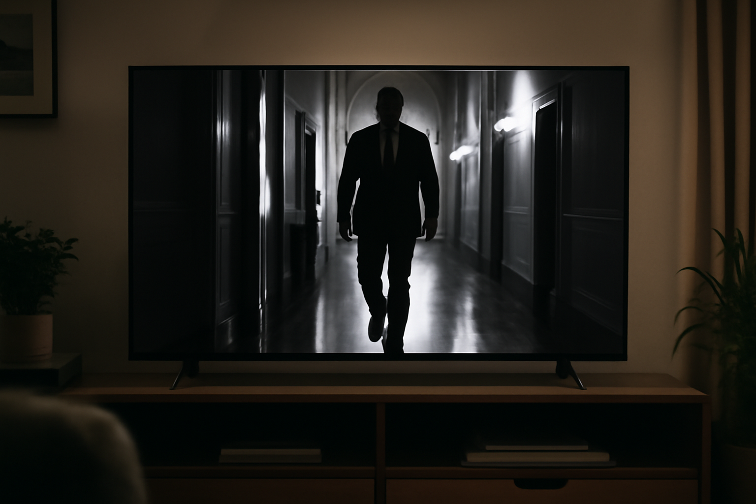 Black-and-white television still of a hallway walk-and-talk political advertisement on a broadcast screen