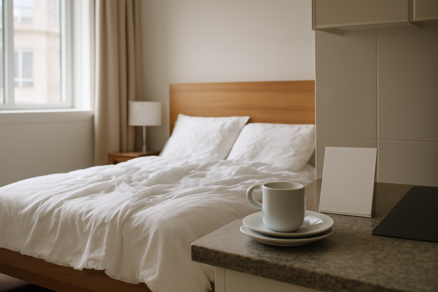 An unmade bed and used dishes in a rental apartment near a checkout instruction card