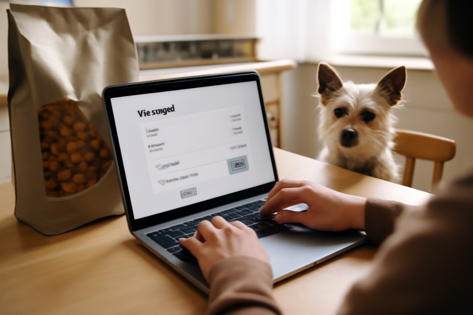 A shopper enters a discount code on a laptop while a bag of pet food and a small dog sit nearby.