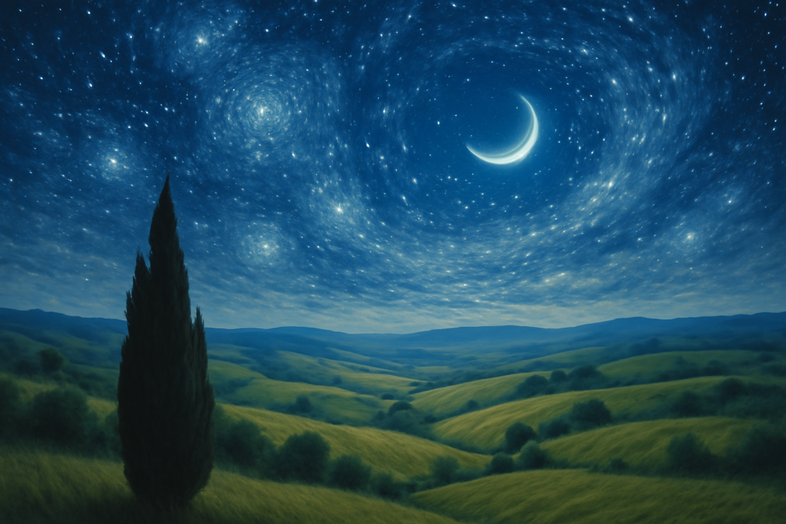 A star-filled night sky over rolling countryside hills with a dark cypress tree silhouette in the foreground.