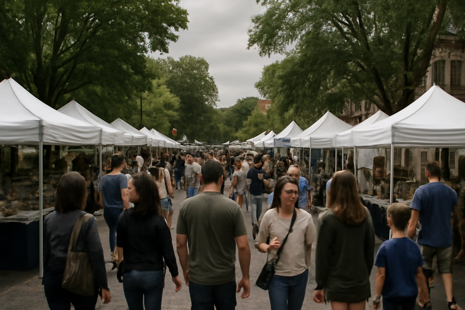 Street festival tents and crowds along a tree-lined road in a Washington, D.C.-area suburb