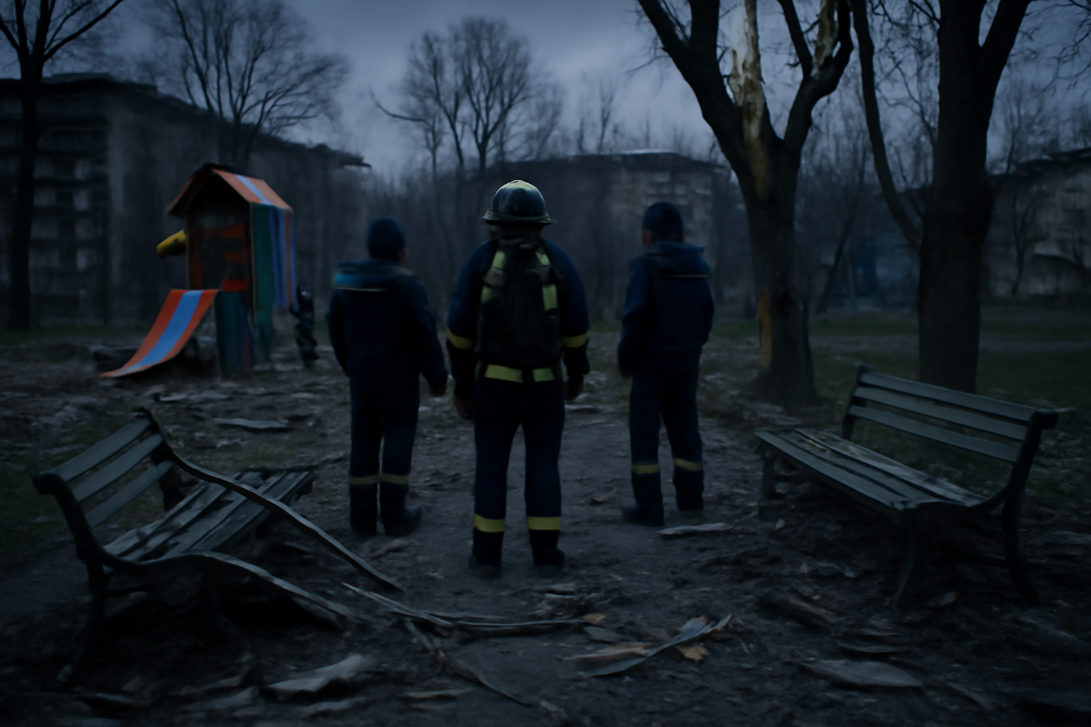 Emergency responders at a damaged park in Ukraine's Kharkiv region after a drone strike
