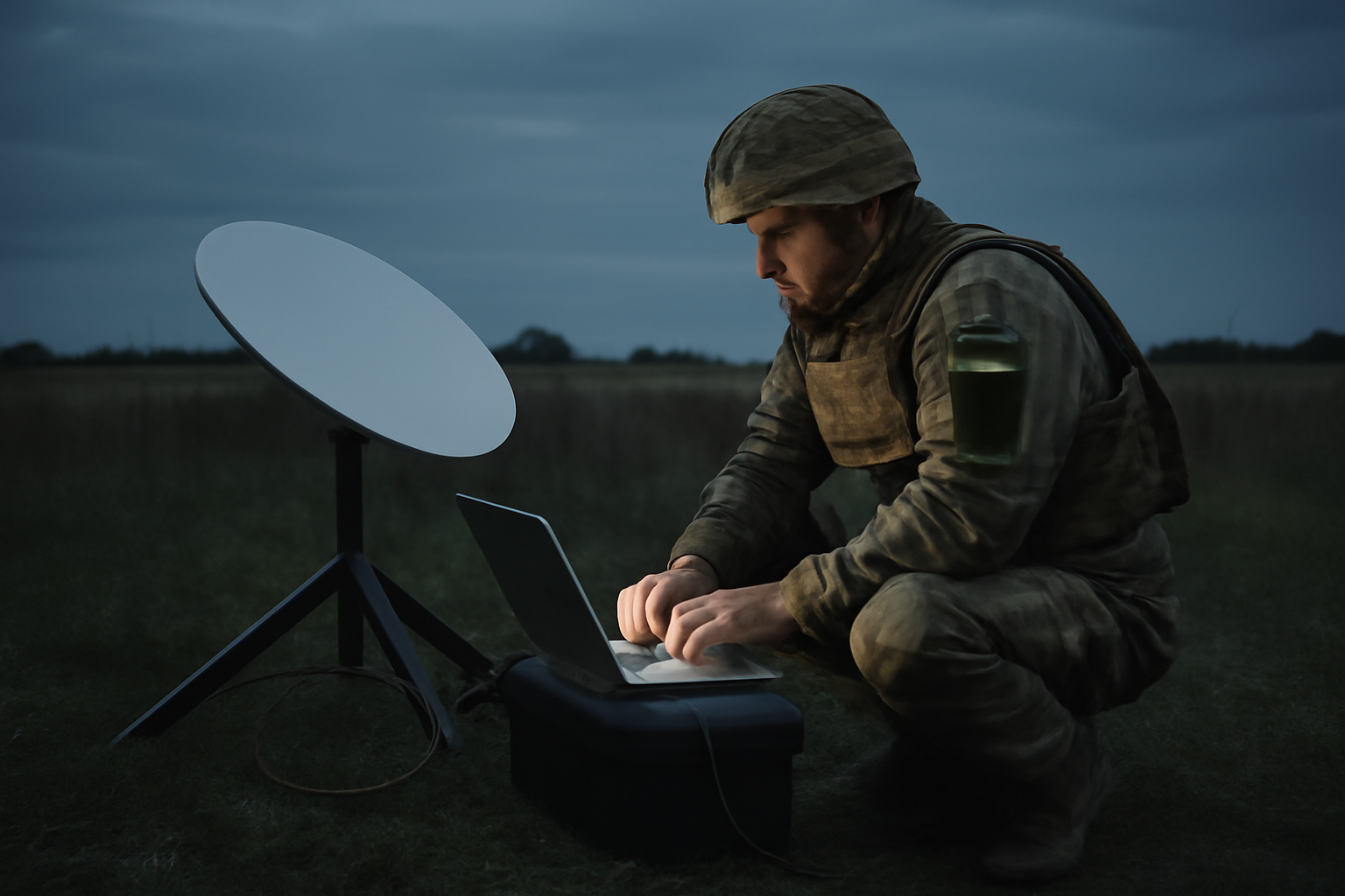 Military operator viewing a laptop screen connected to a satellite communication terminal near a Ukrainian front-line position