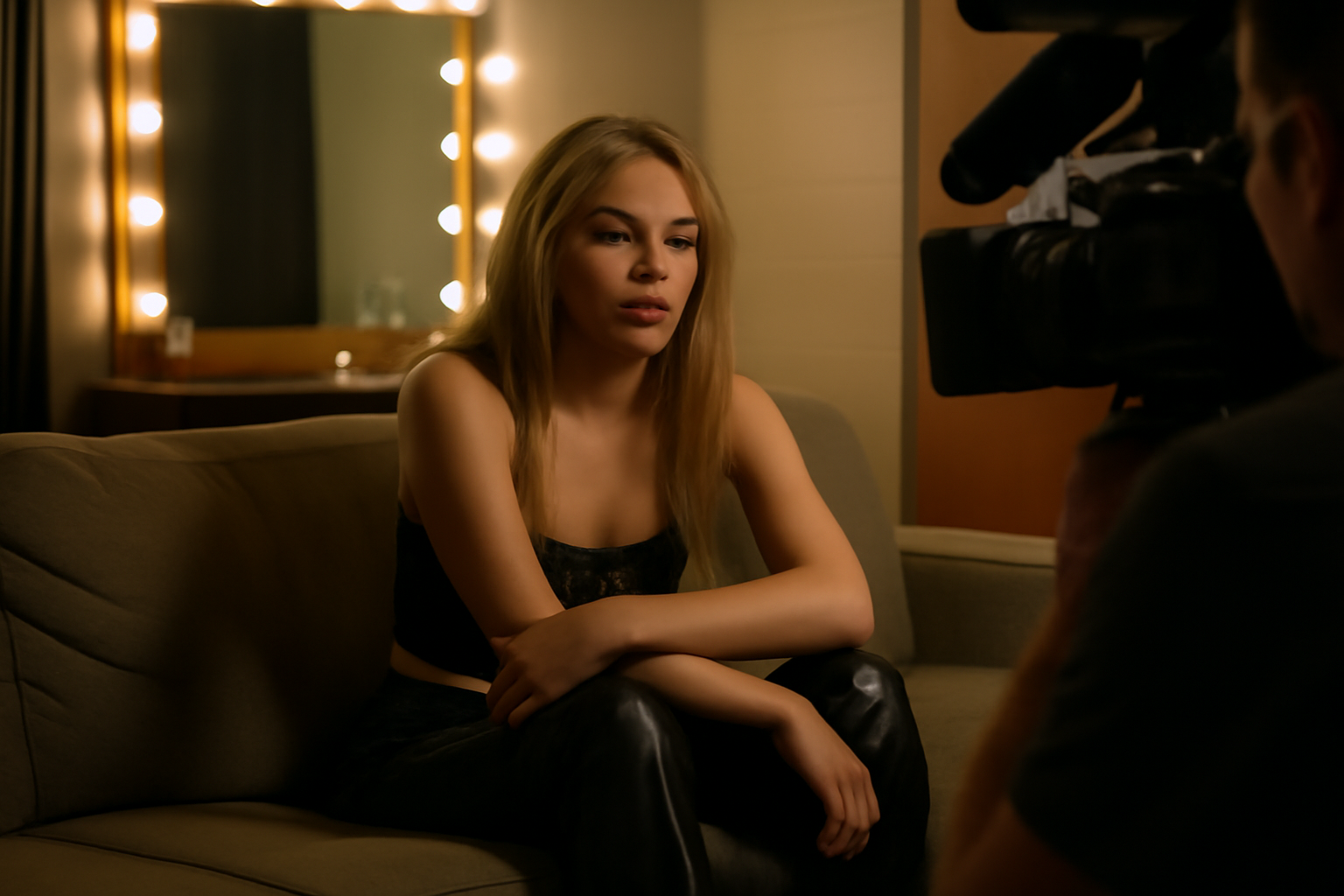 A K-pop performer rests backstage under dressing-room lights, head turned away from a mirror