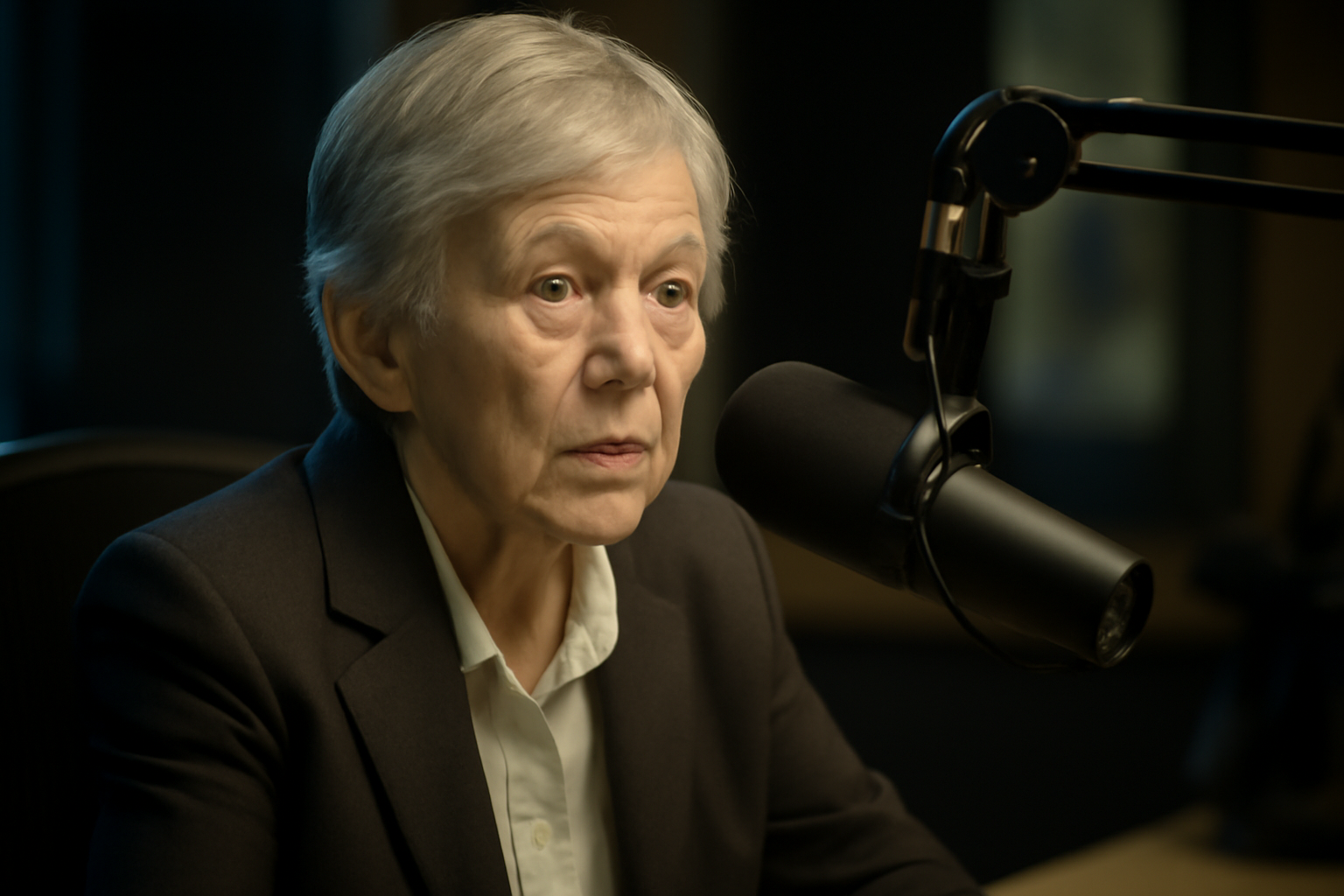Elderly woman with gray hair speaking into a radio studio microphone