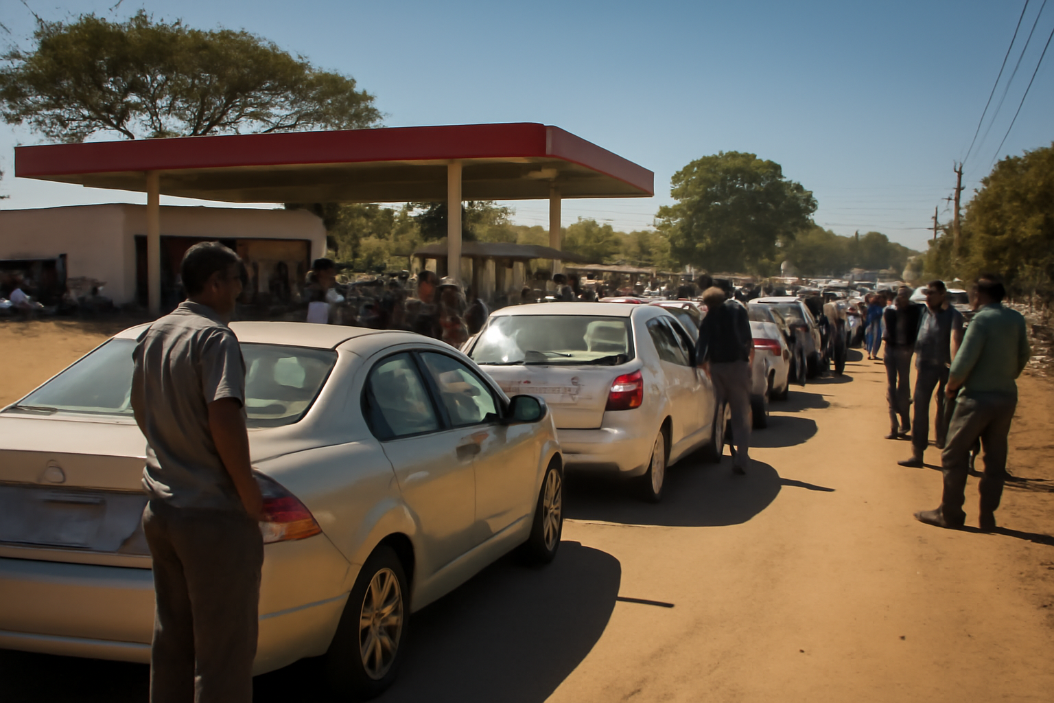 Cars lined up bumper to bumper outside a fuel station in Lilongwe, Malawi
