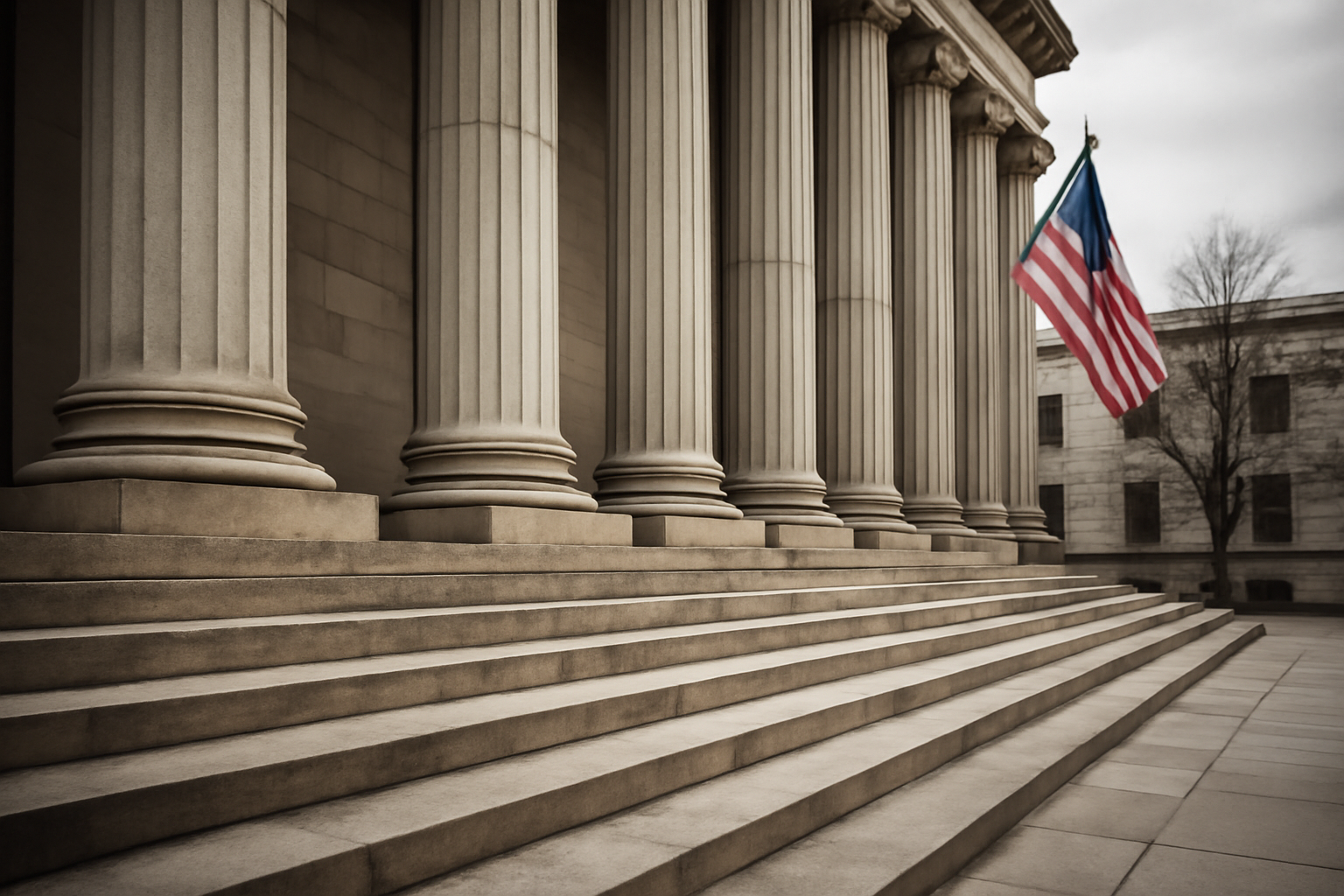 Exterior view of a state courthouse steps with an American flag at half mast