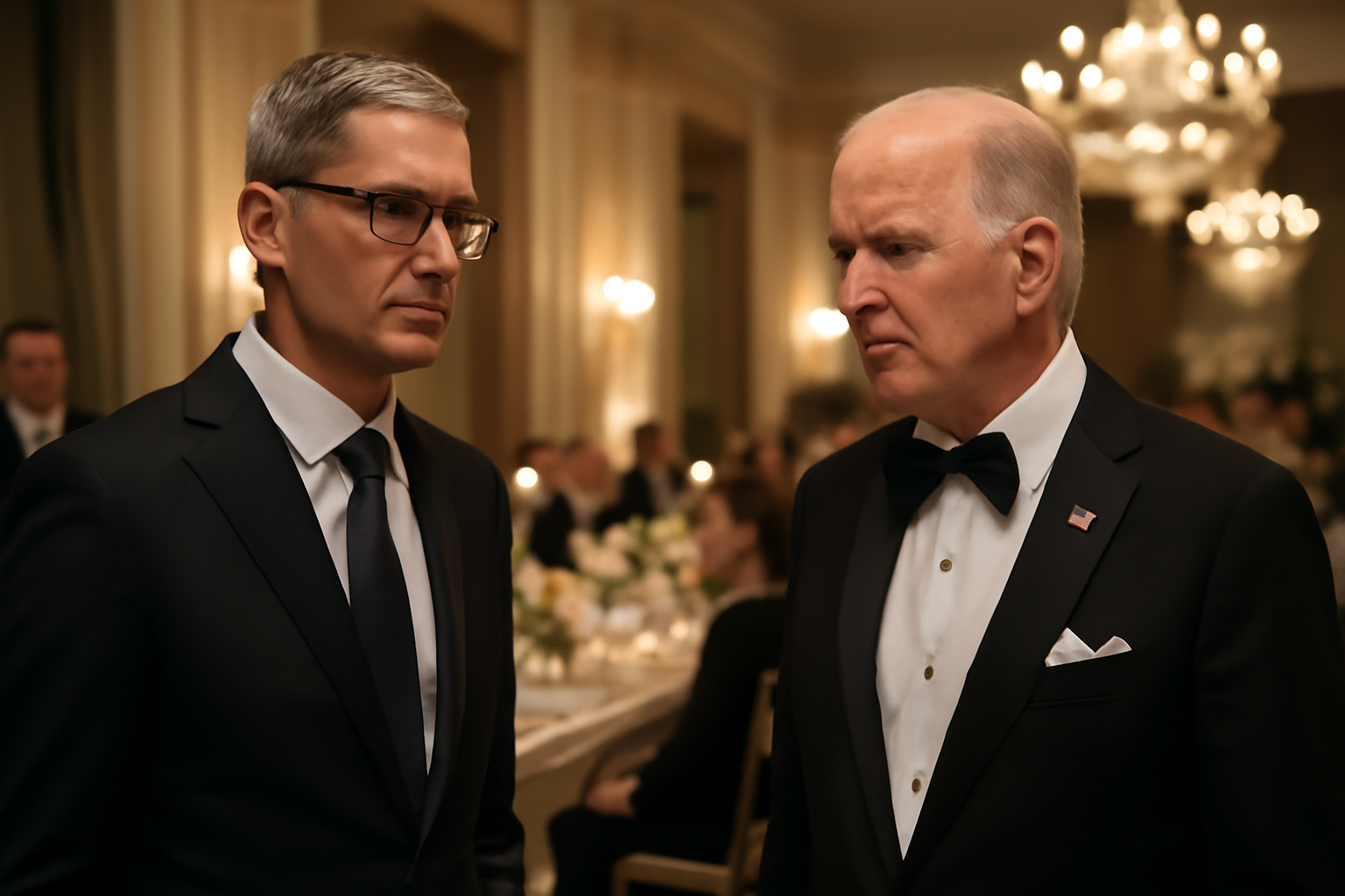 Nvidia CEO Jensen Huang standing near President Trump at a formal state dinner setting