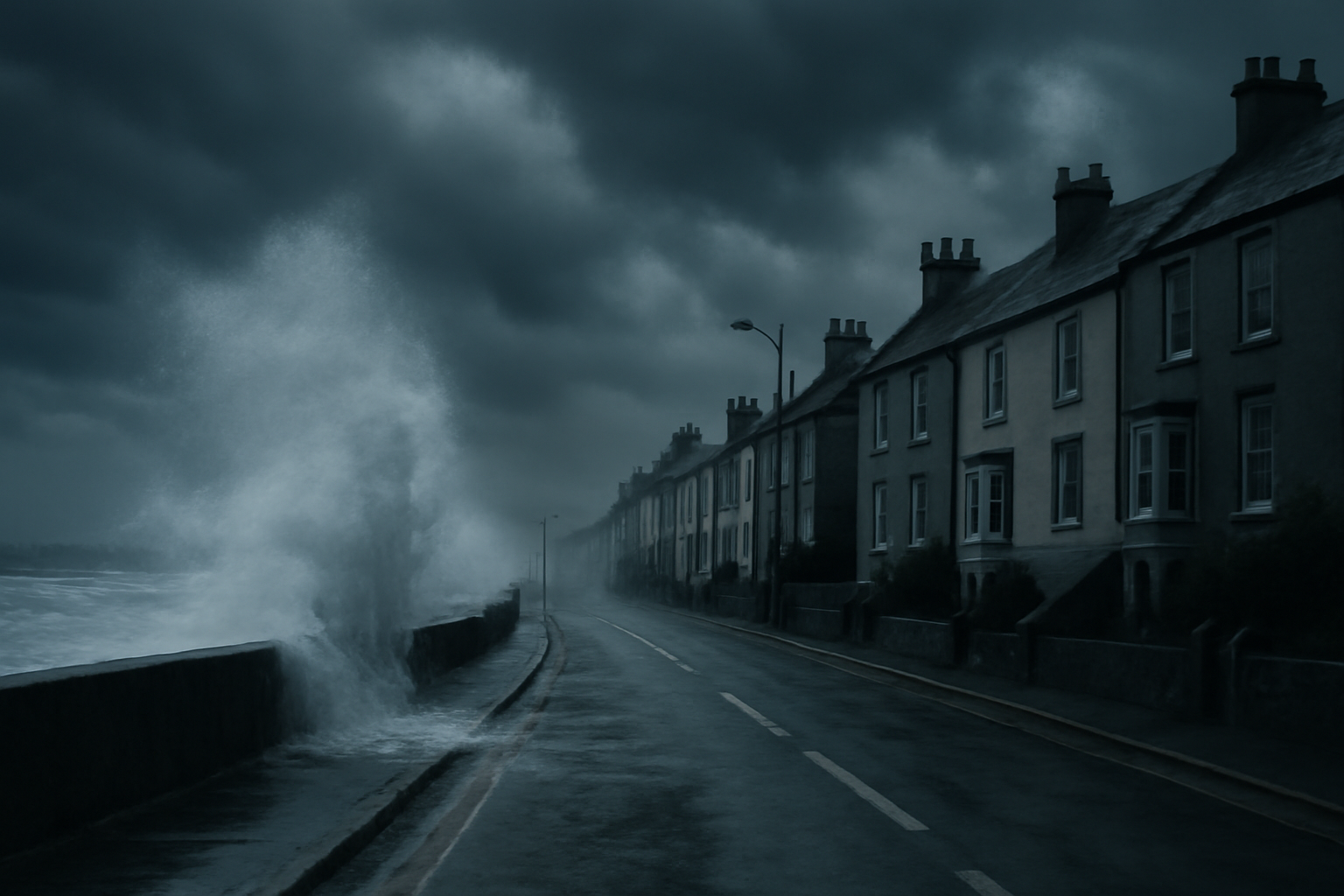 A storm-battered coastal town in Cornwall with wind-whipped waves and overcast skies