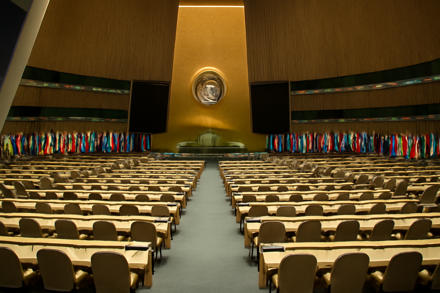 United Nations General Assembly hall with delegate seating and flags ahead of a session