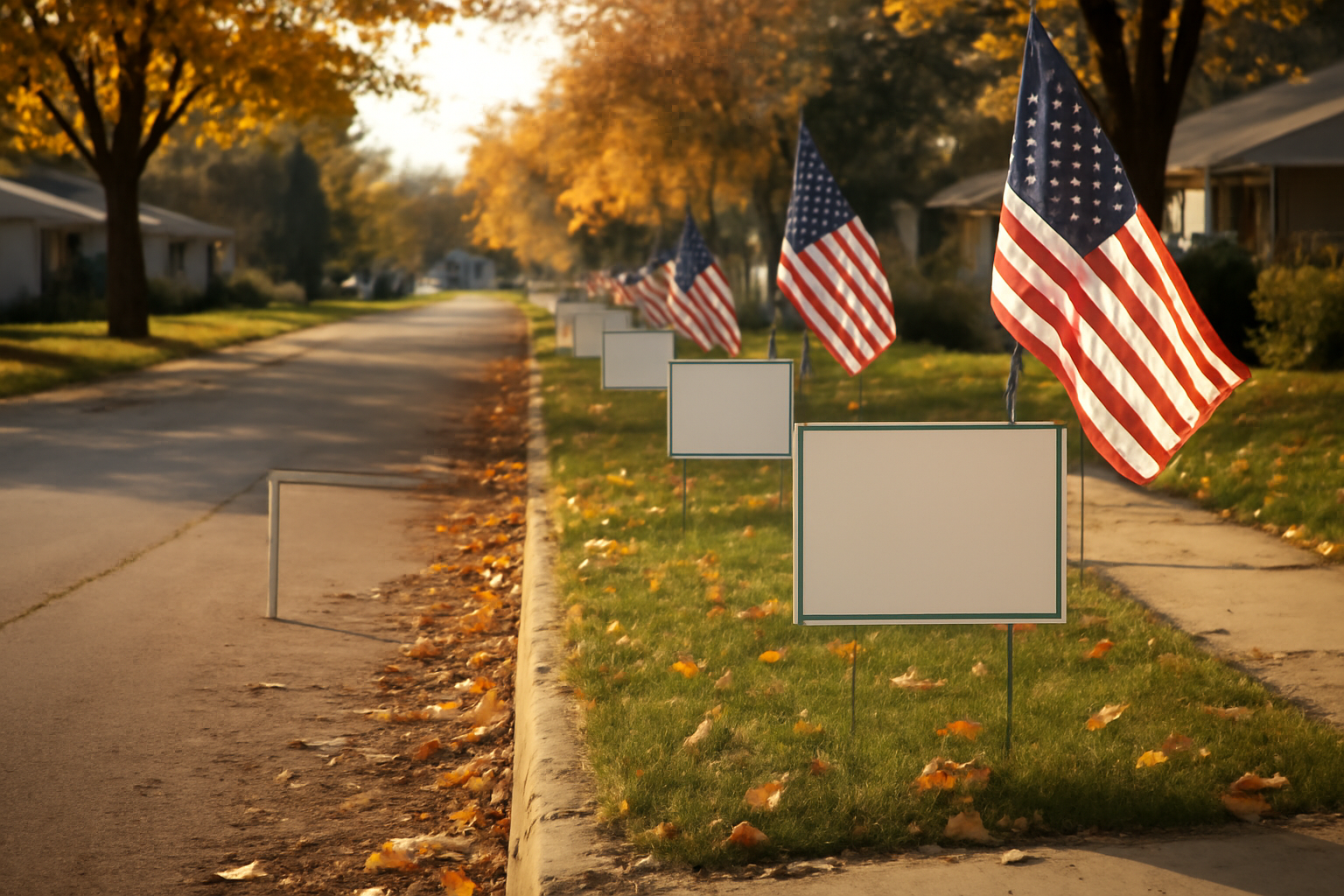 Campaign yard signs lining a Midwestern residential street under autumn trees