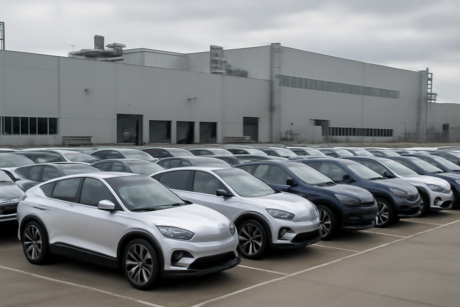 Rows of electric SUVs lined up outside a vehicle production facility