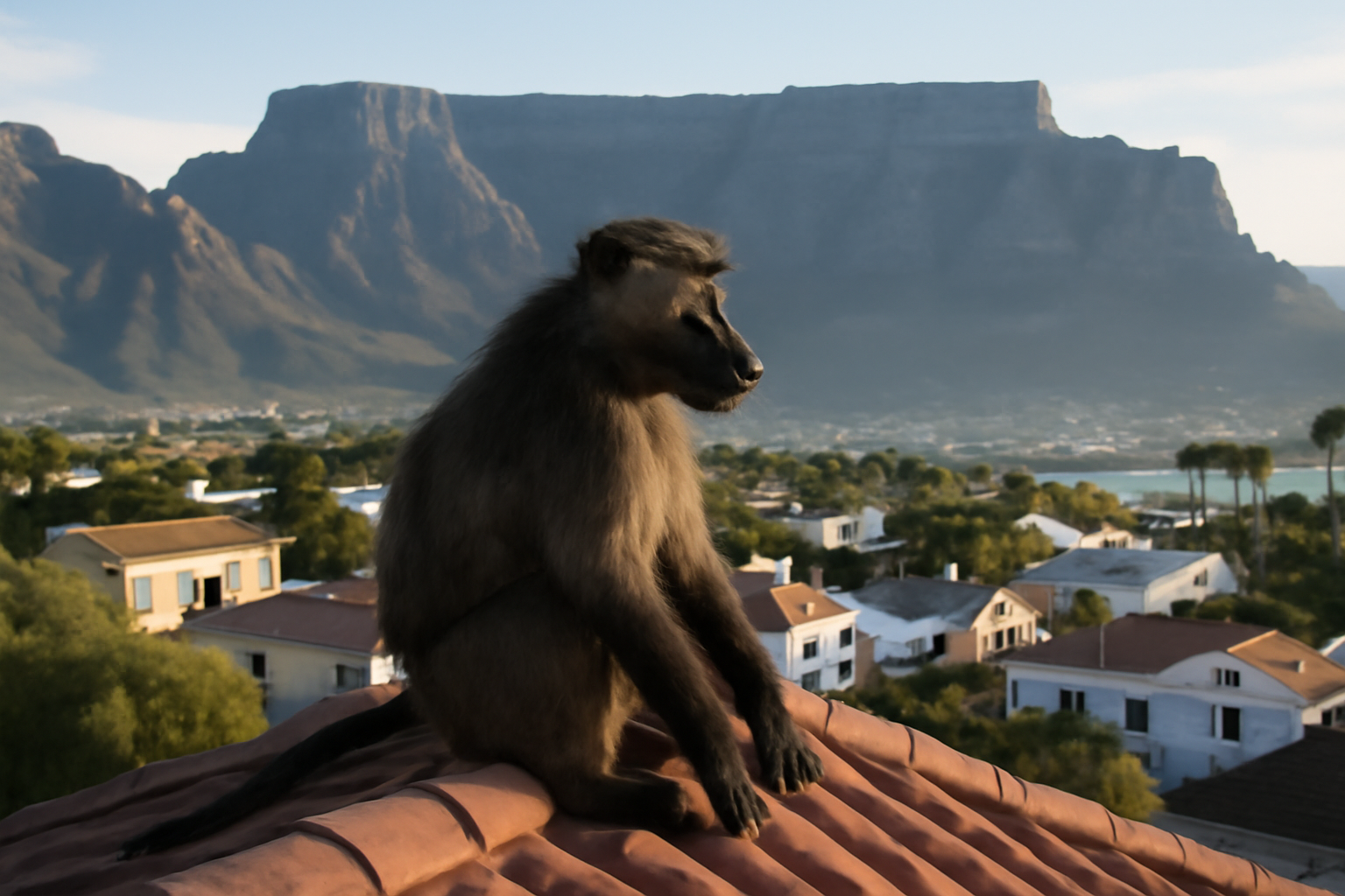 A chacma baboon sits on a residential rooftop overlooking Cape Town's Cape Peninsula