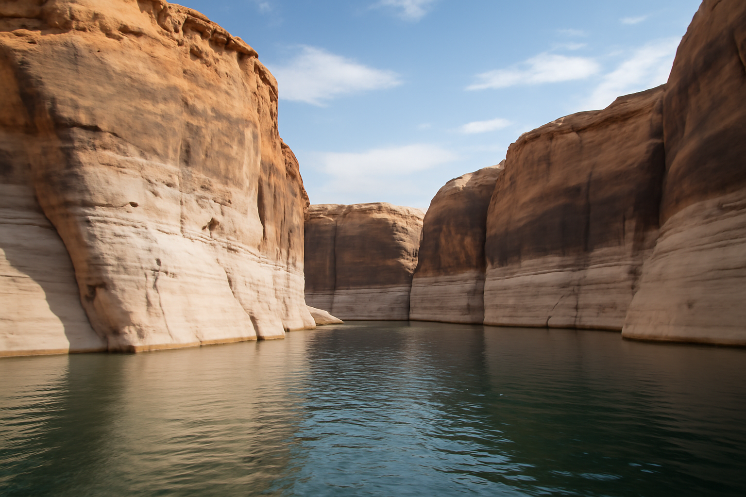 Rocky canyon walls at Lake Powell showing a wide white mineral ring left by falling water levels