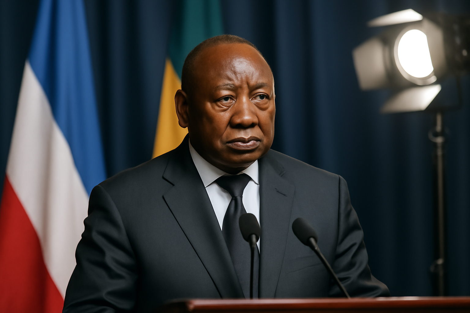 South African President Cyril Ramaphosa speaking at a podium during a televised address