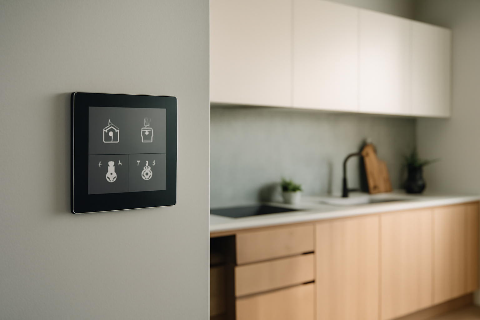 A square smart home display mounted on a wall showing smart home controls