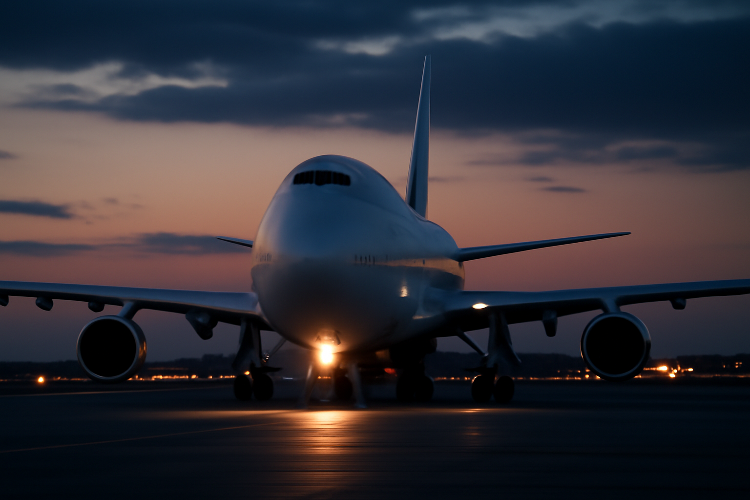 A Boeing wide-body jet on a runway tarmac at dusk with airport lights in the background
