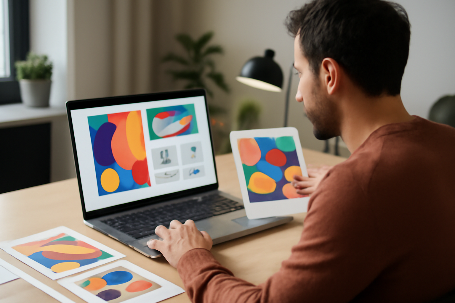 Designer reviewing AI-generated poster and social media layouts on a laptop screen