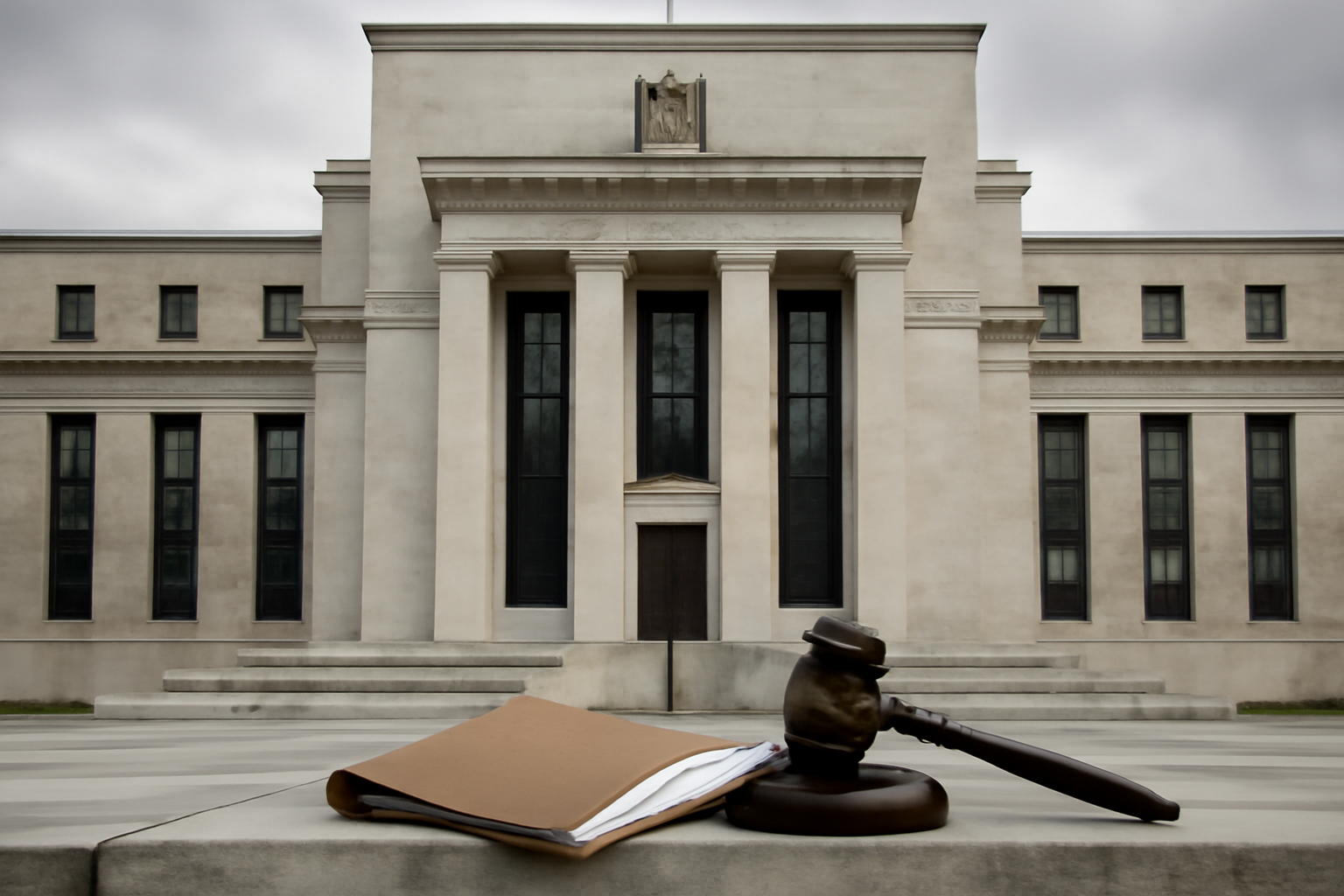 Federal Reserve building exterior with a gavel and mortgage document overlay suggesting a legal review