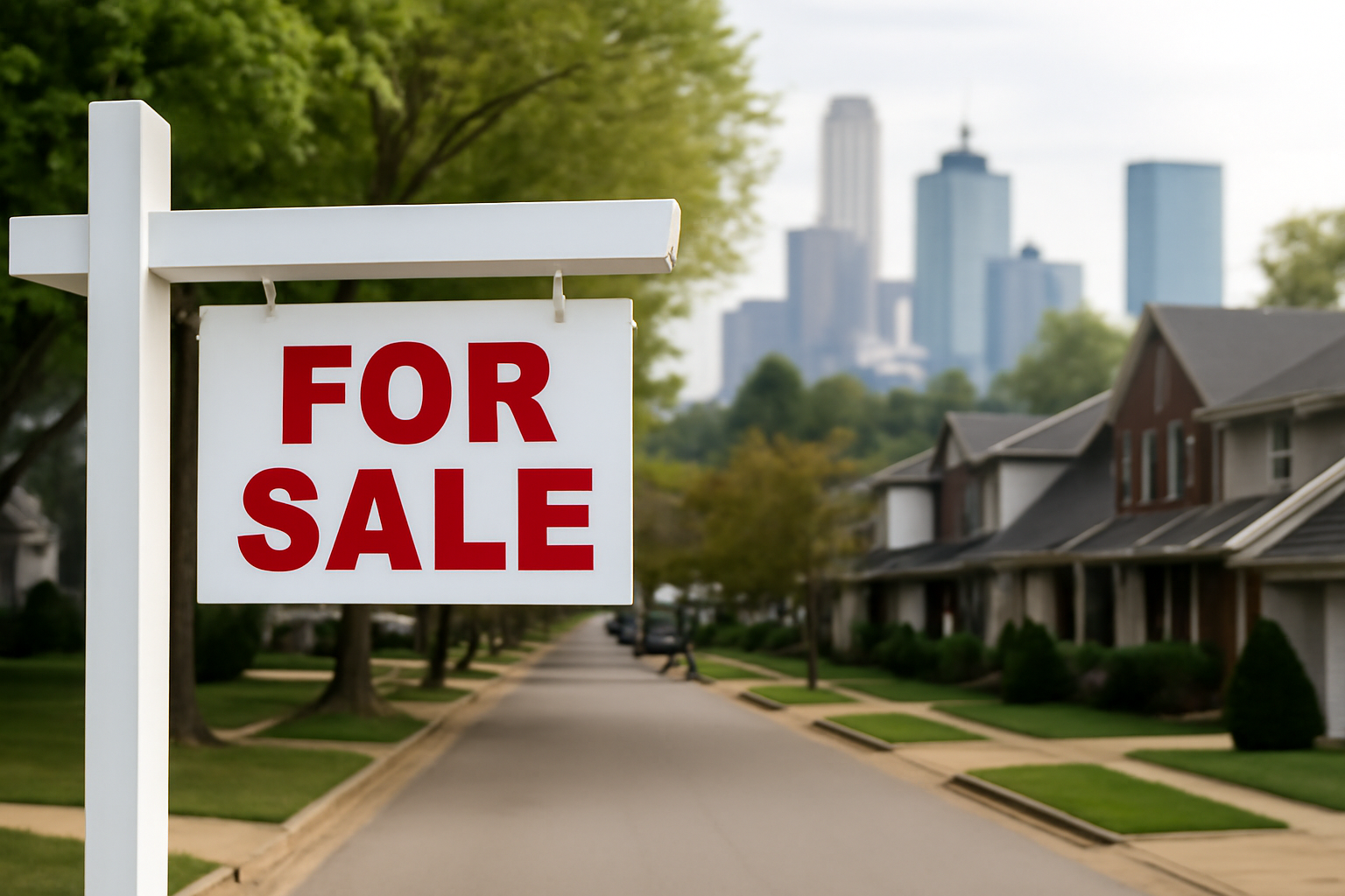 A for-sale sign in front of a suburban house with a bank building visible in the background