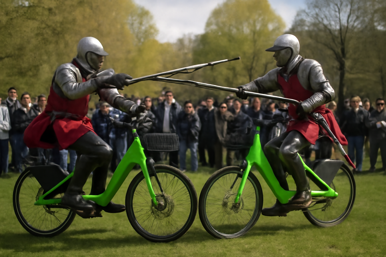 Two people dressed as knights jousting on green rental e-bikes in a crowded London park